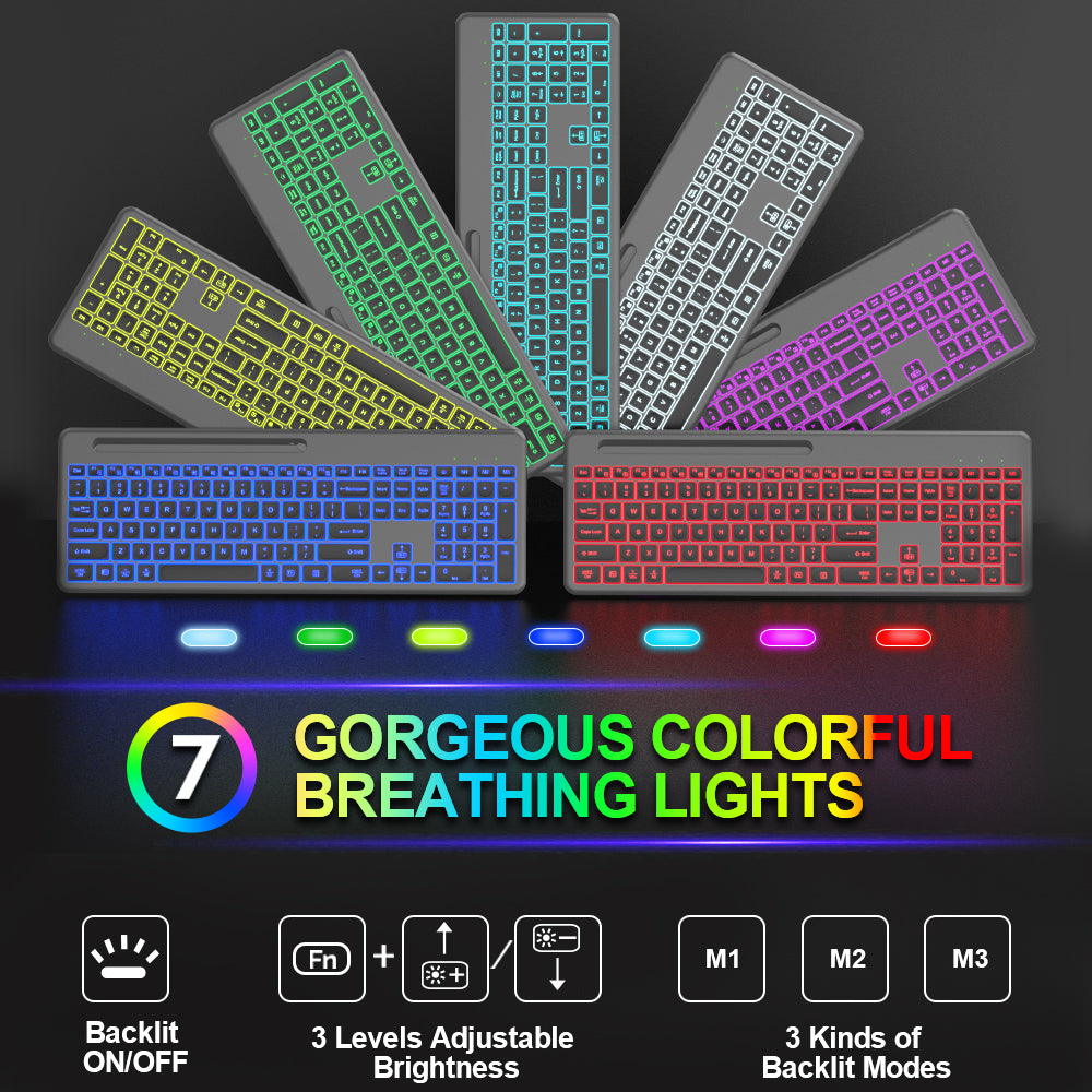 Ensemble clavier et souris sans fil rechargeable rétroéclairé RGB silencieux, 2,4 GHz – blanc