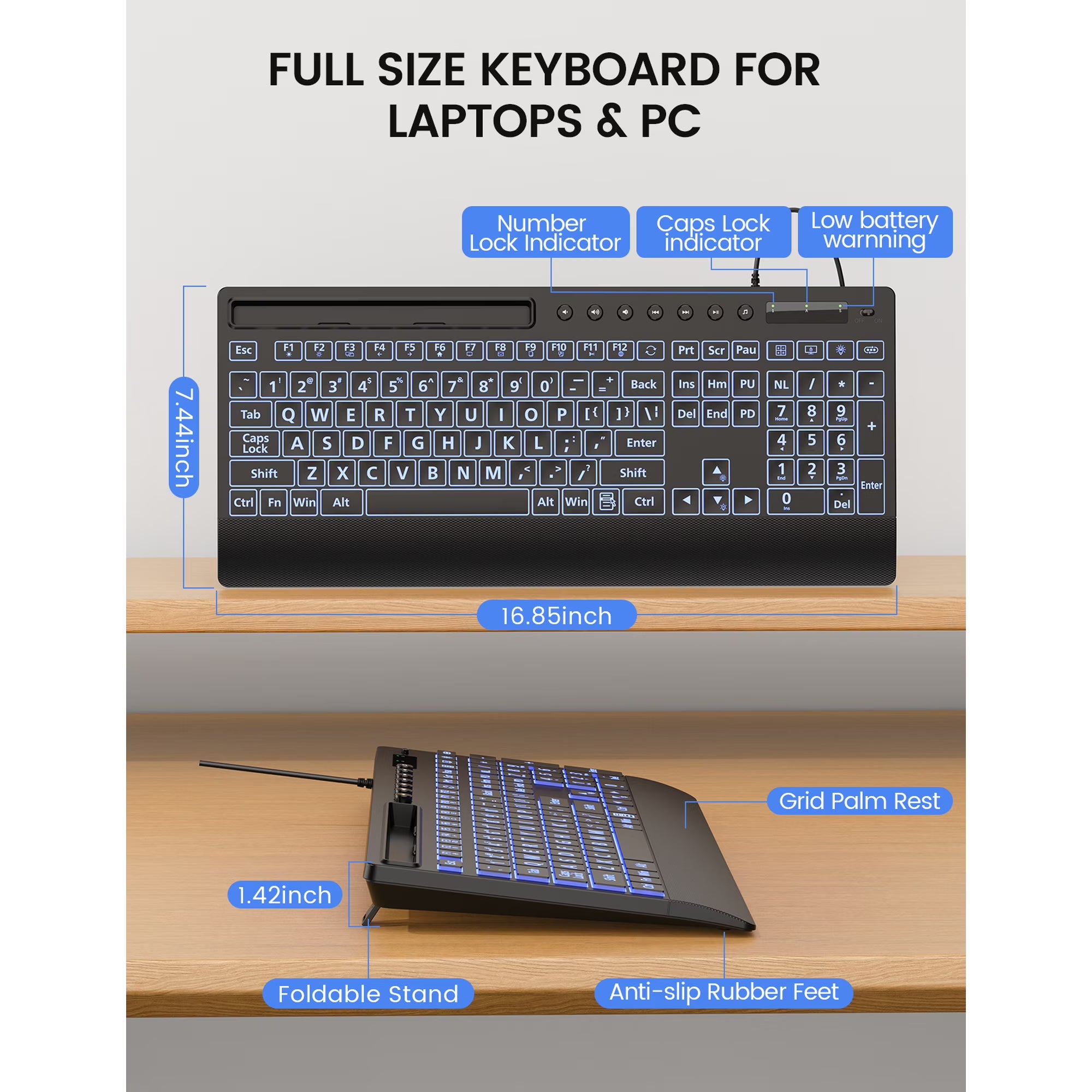 Clavier filaire ergonomique rétroéclairé silencieux à grands caractères avec repose-poignets avec support pour téléphone