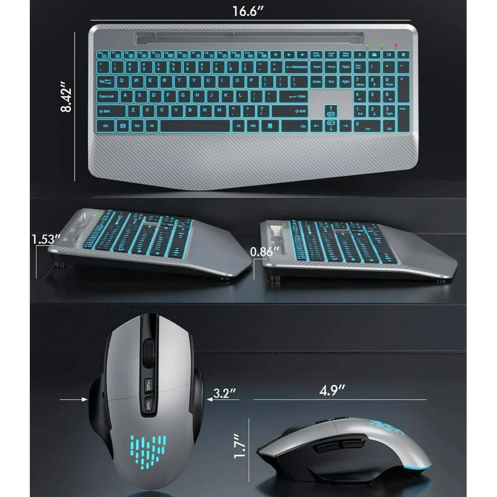 Ensemble clavier et souris sans fil ergonomique rechargeable rétroéclairé RGB silencieux avec repose-poignets avec support pour téléphone – noir
