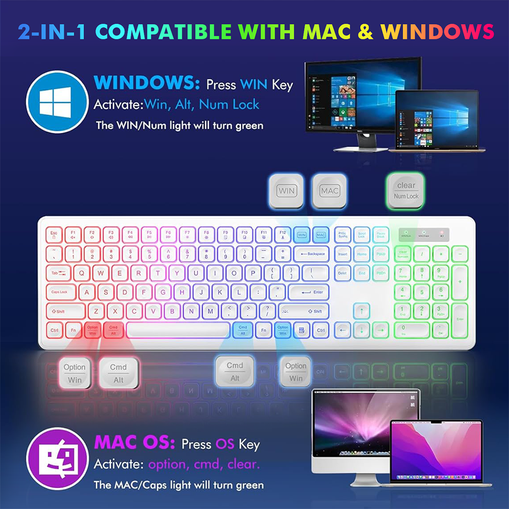 Ensemble clavier et souris sans fil rechargeable rétroéclairé RGB silencieux avec repose-poignets, 2,4 GHz, 112 touches – noir