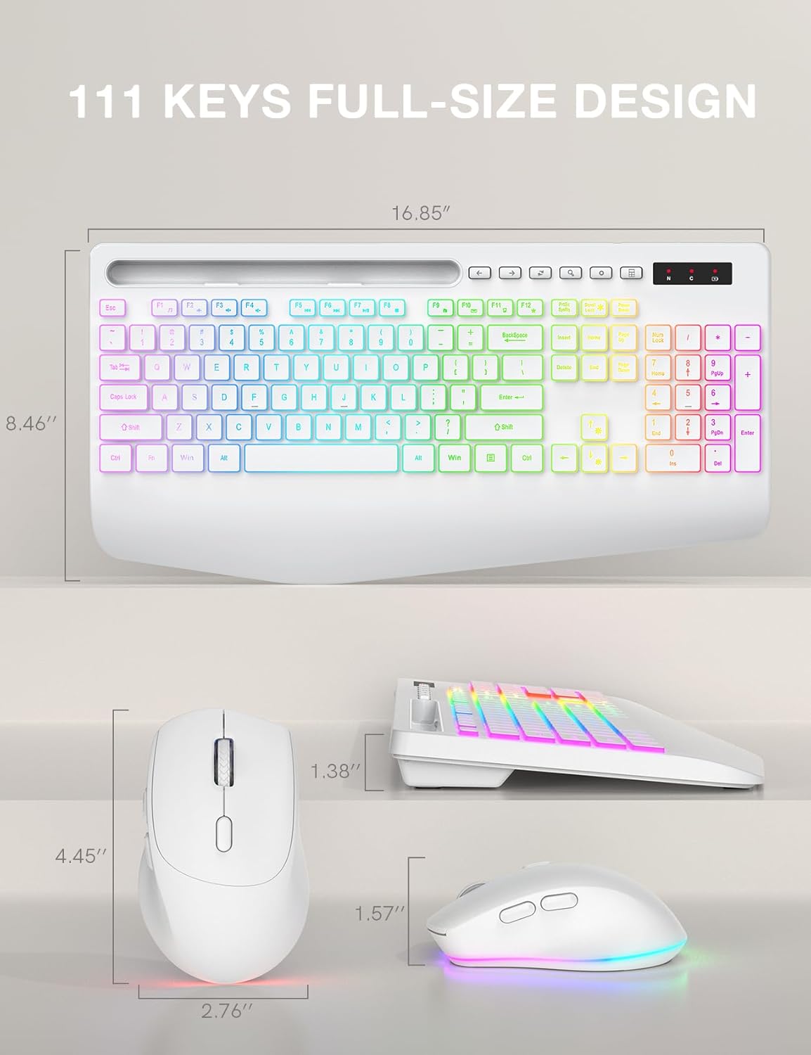 Ensemble clavier et souris sans fil ergonomique rechargeable rétroéclairé silencieux avec repose-poignets avec support pour téléphone – blanc