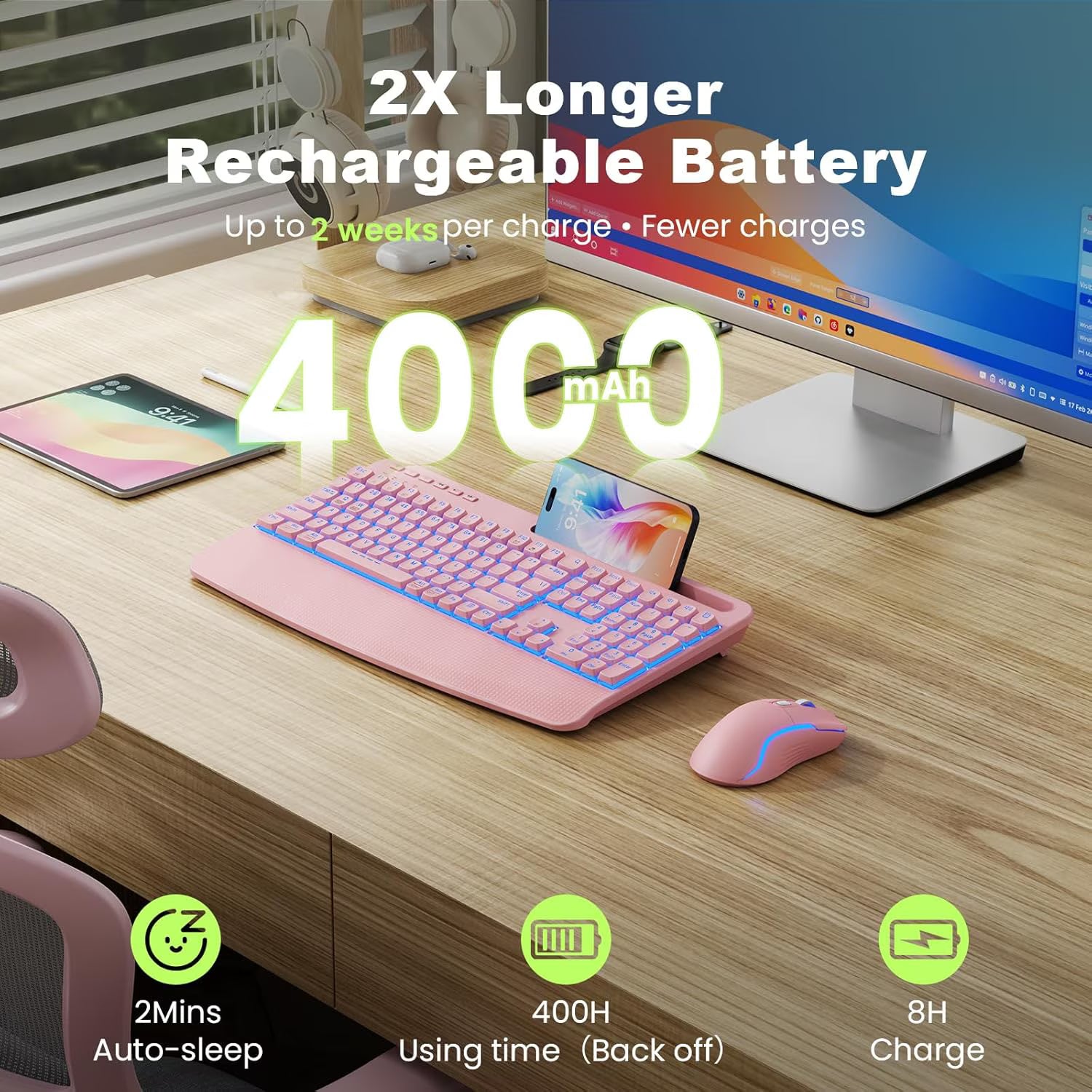 Ensemble clavier et souris sans fil ergonomique rechargeable rétroéclairé RGB silencieux avec repose-poignets avec support pour téléphone, 4000mah – rose