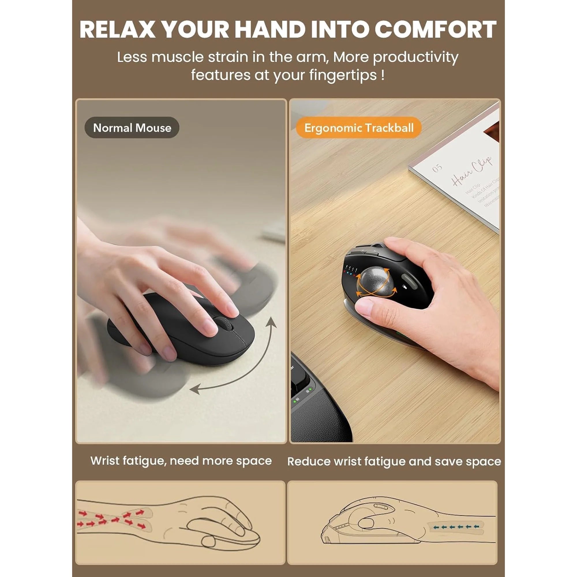 Souris trackball ergonomique sans fil rechargeable silencieuse – noir