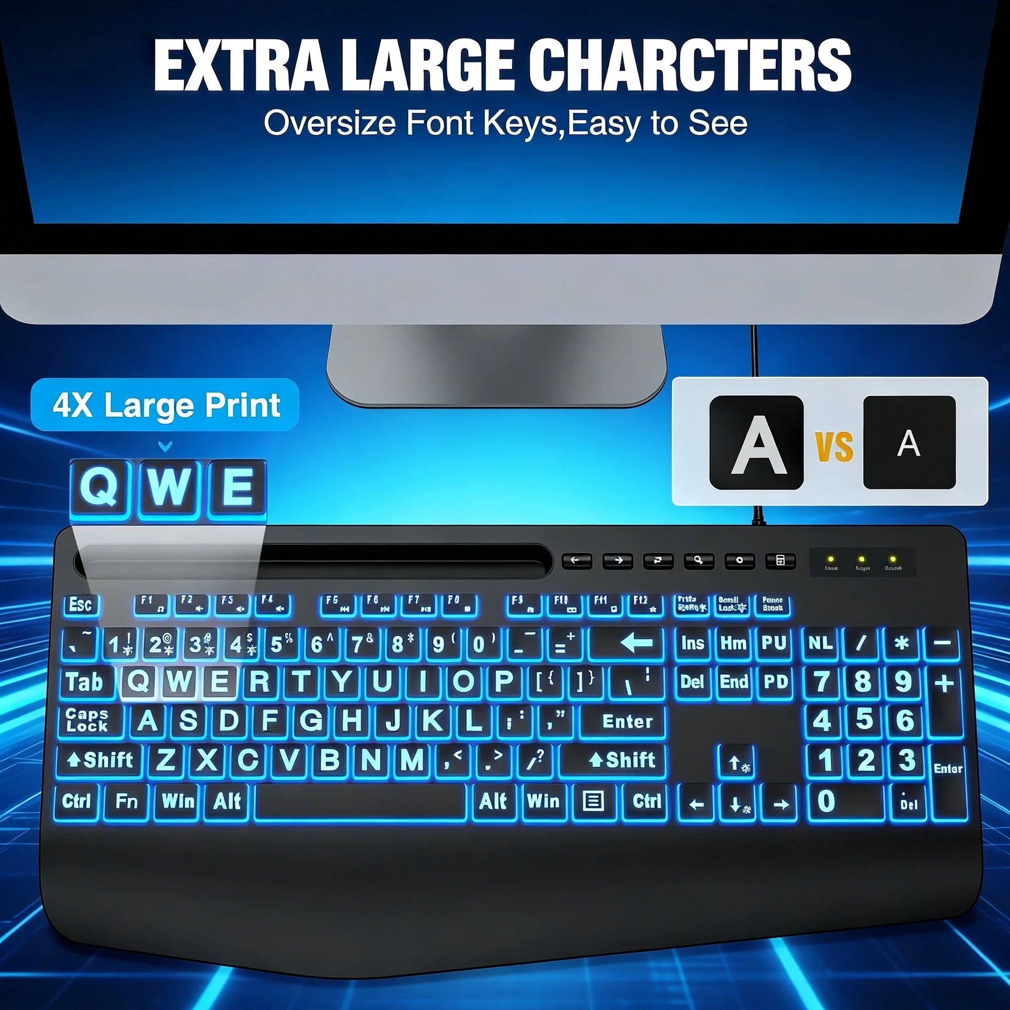 Clavier filaire ergonomique rétroéclairé à grands caractères avec repose-poignets avec support pour téléphone – noir