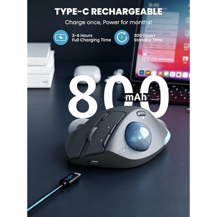 Souris trackball ergonomique sans fil rechargeable silencieuse – gris