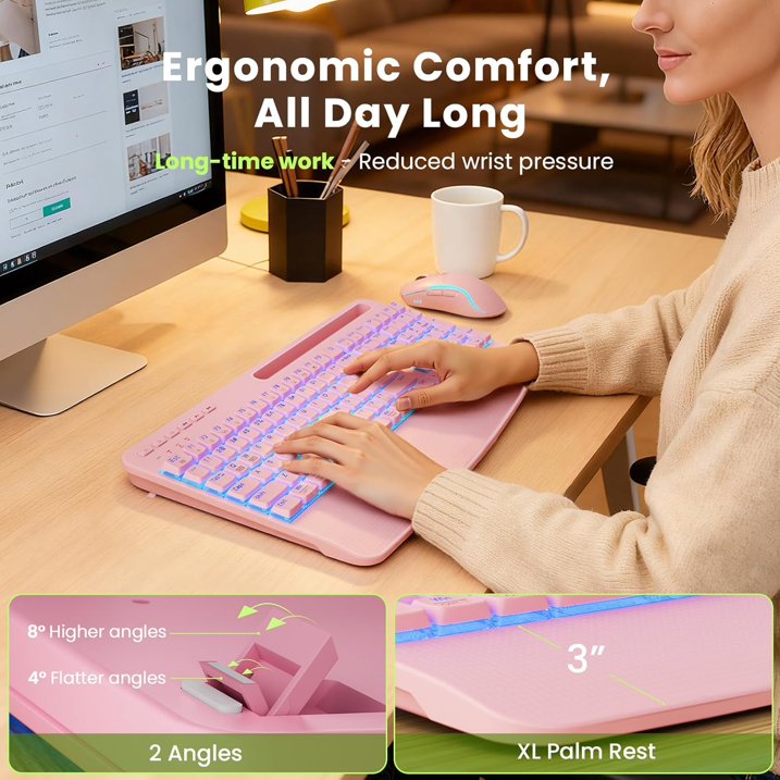 Ensemble clavier et souris sans fil ergonomique rechargeable rétroéclairé RGB silencieux avec repose-poignets avec support pour téléphone, 4000mah – rose