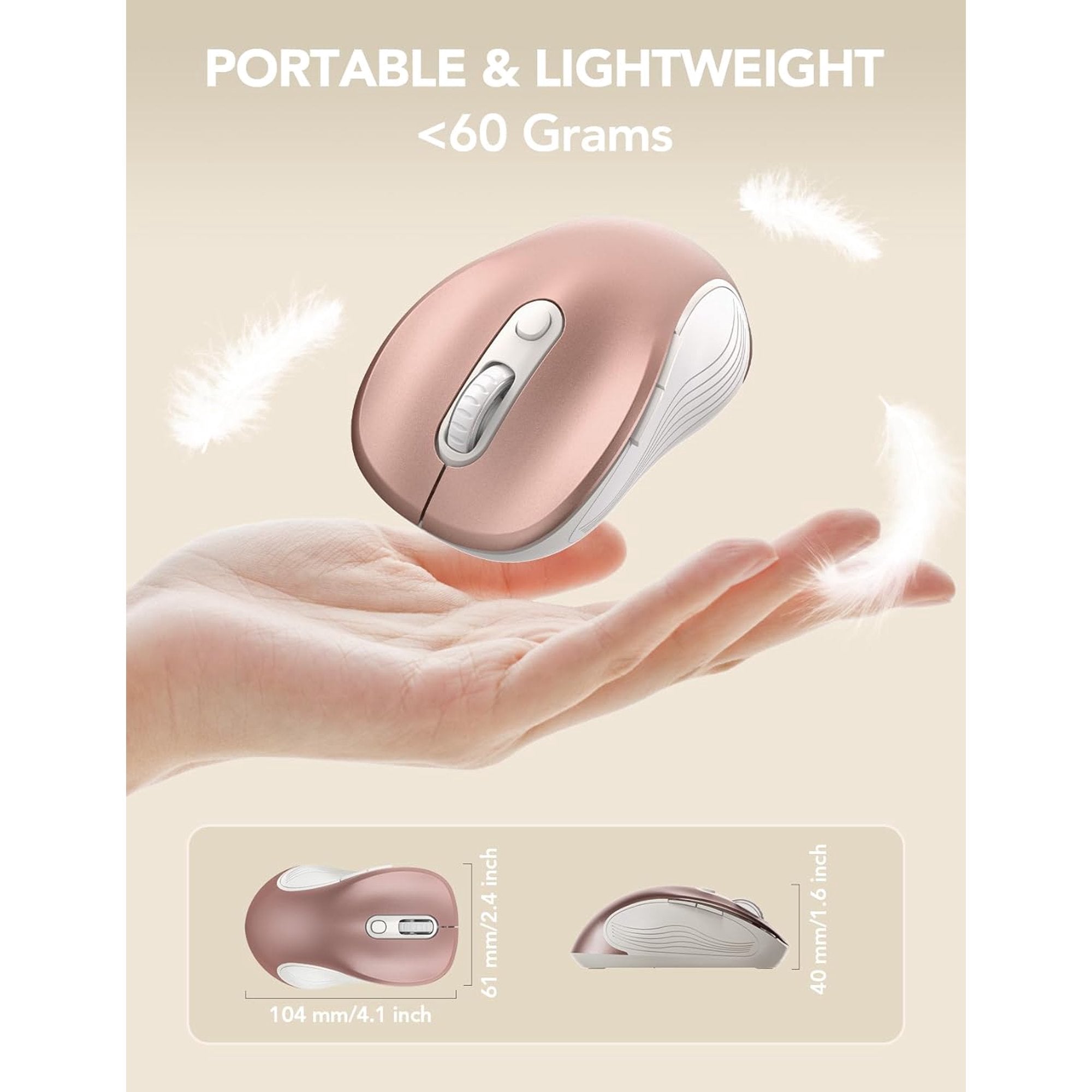 Souris informatique sans fil ergonomique silencieuse, 3 niveaux de DPI – or rose