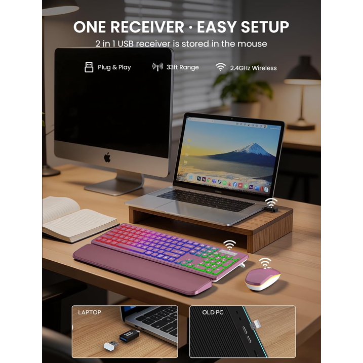 Ensemble clavier et souris sans fil rechargeable rétroéclairé RGB silencieux, 2,4 GHz – rouge baie