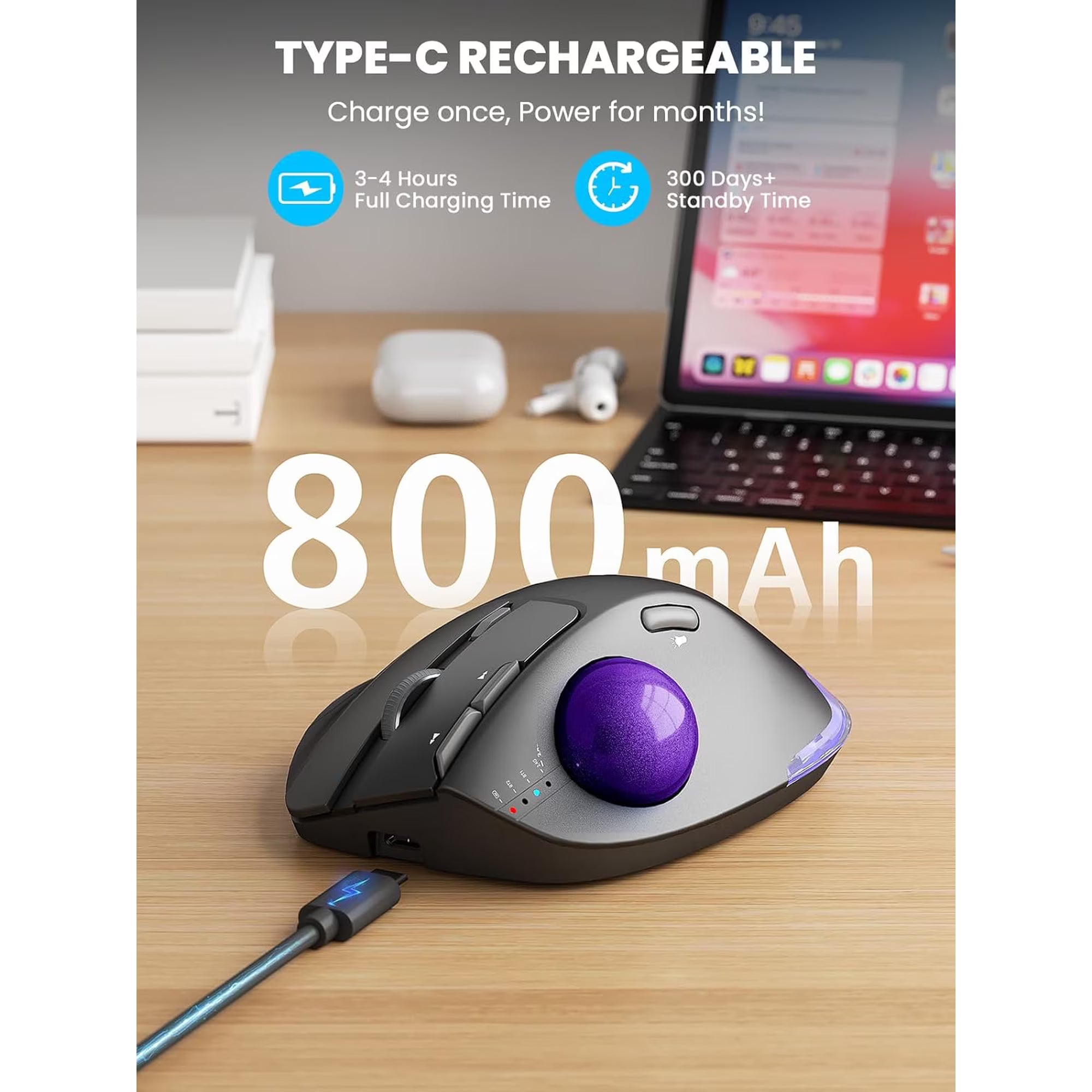 Souris trackball ergonomique sans fil rechargeable silencieuse – violet