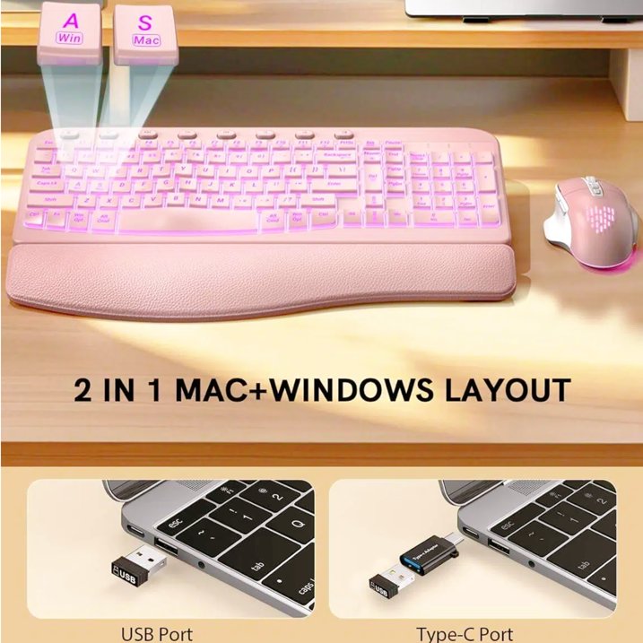 Ensemble clavier et souris sans fil ergonomique rechargeable rétroéclairé RGB avec repose-poignets, 2,4 GHz – rose