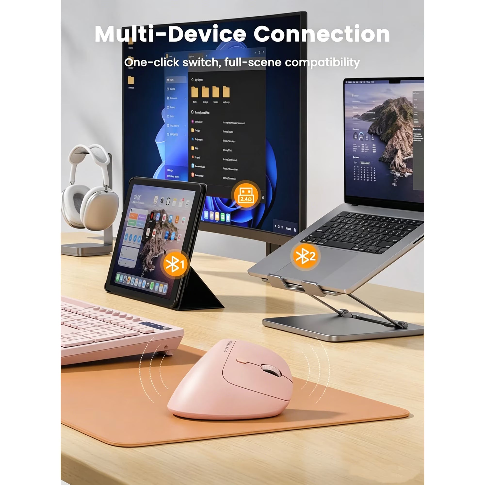 Souris verticale ergonomique sans fil rechargeable silencieuse, 4 niveaux de DPI – rose