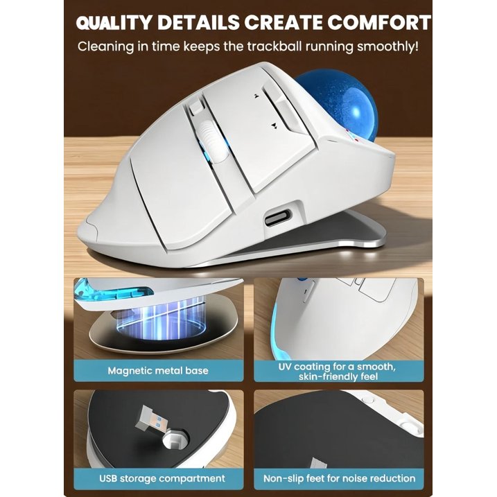 Souris trackball ergonomique sans fil rechargeable silencieuse – blanc