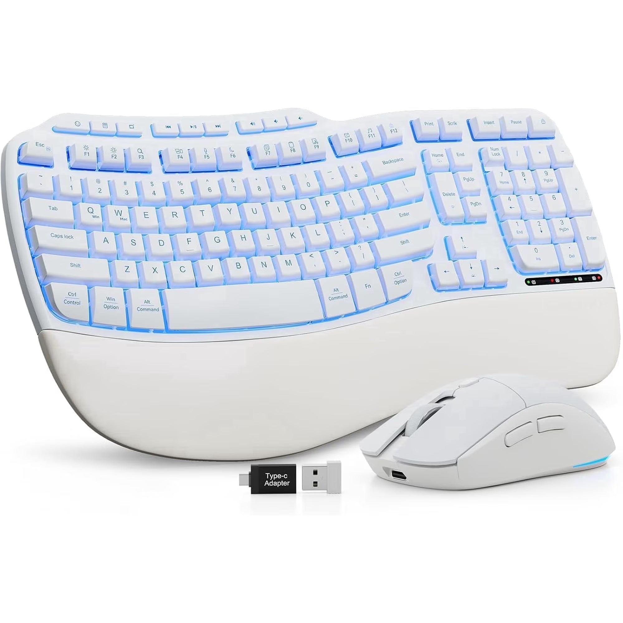 Ensemble clavier et souris sans fil ergonomique rechargeable rétroéclairé RGB avec repose-poignets, 4000mah, 2,4 GHz