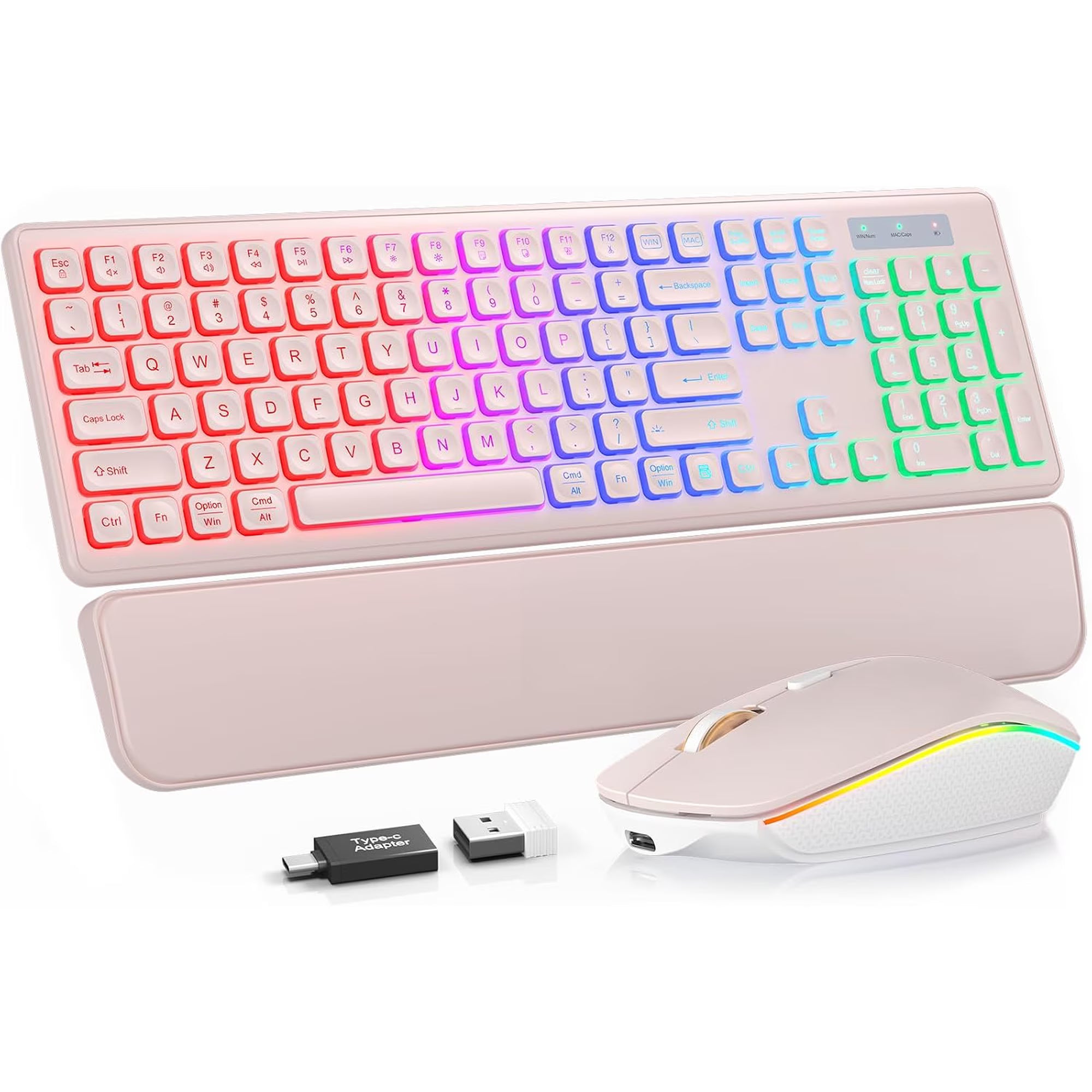 Ensemble clavier et souris sans fil rechargeable rétroéclairé RGB silencieux, 2,4 GHz – rose