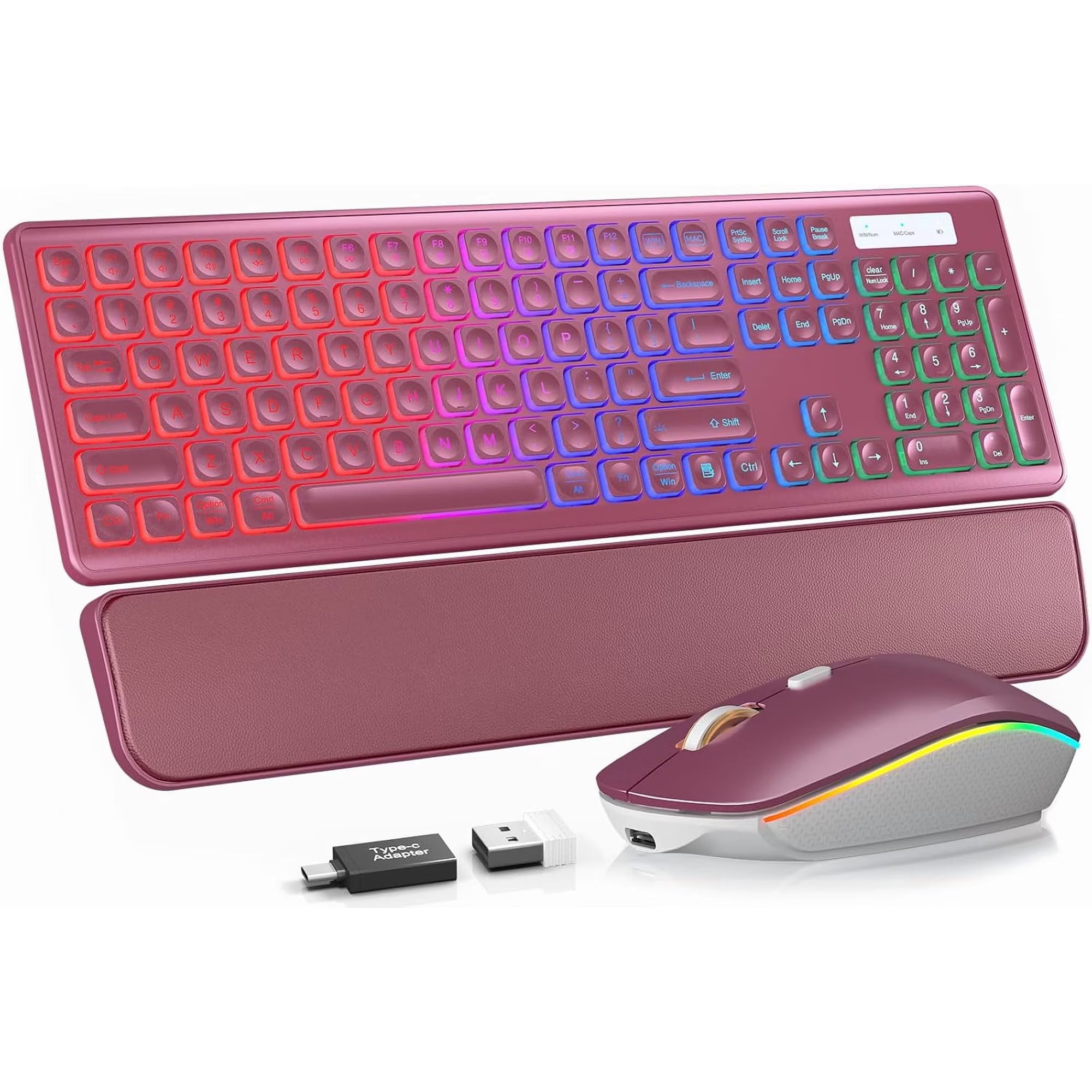Ensemble clavier et souris sans fil rechargeable rétroéclairé RGB silencieux, 2,4 GHz – rouge baie