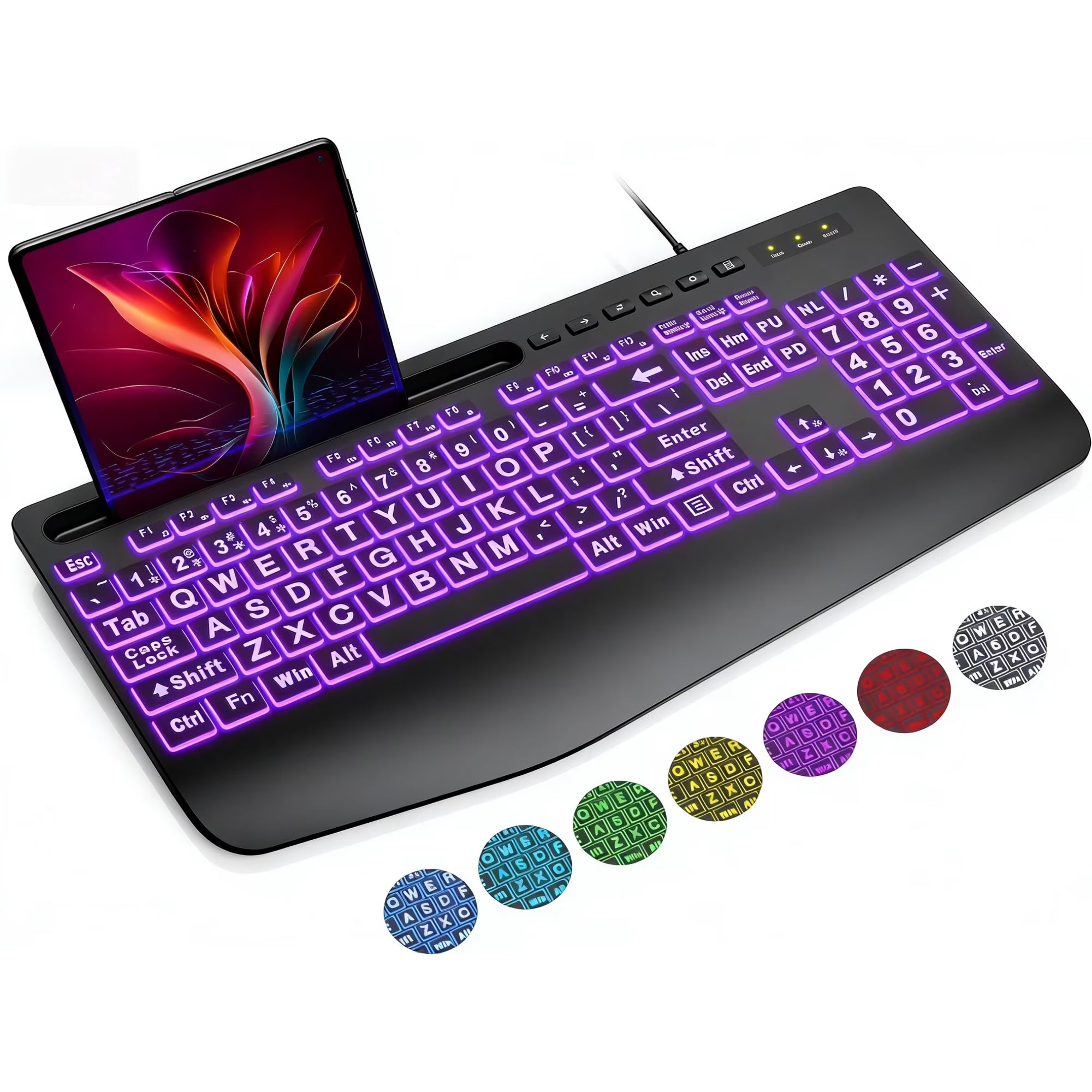 Clavier filaire ergonomique rétroéclairé à grands caractères avec repose-poignets avec support pour téléphone – noir
