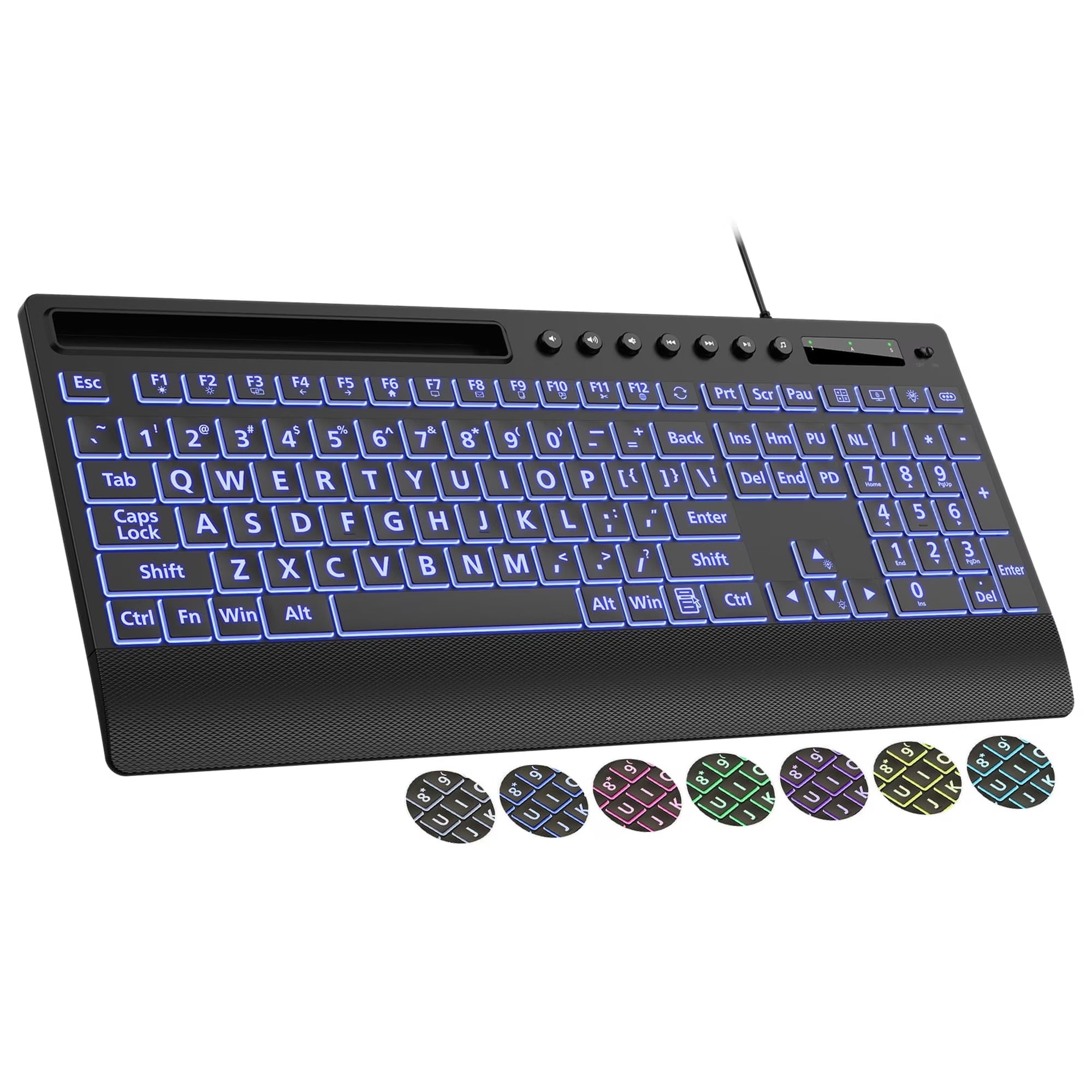 Clavier filaire ergonomique rétroéclairé silencieux à grands caractères avec repose-poignets avec support pour téléphone