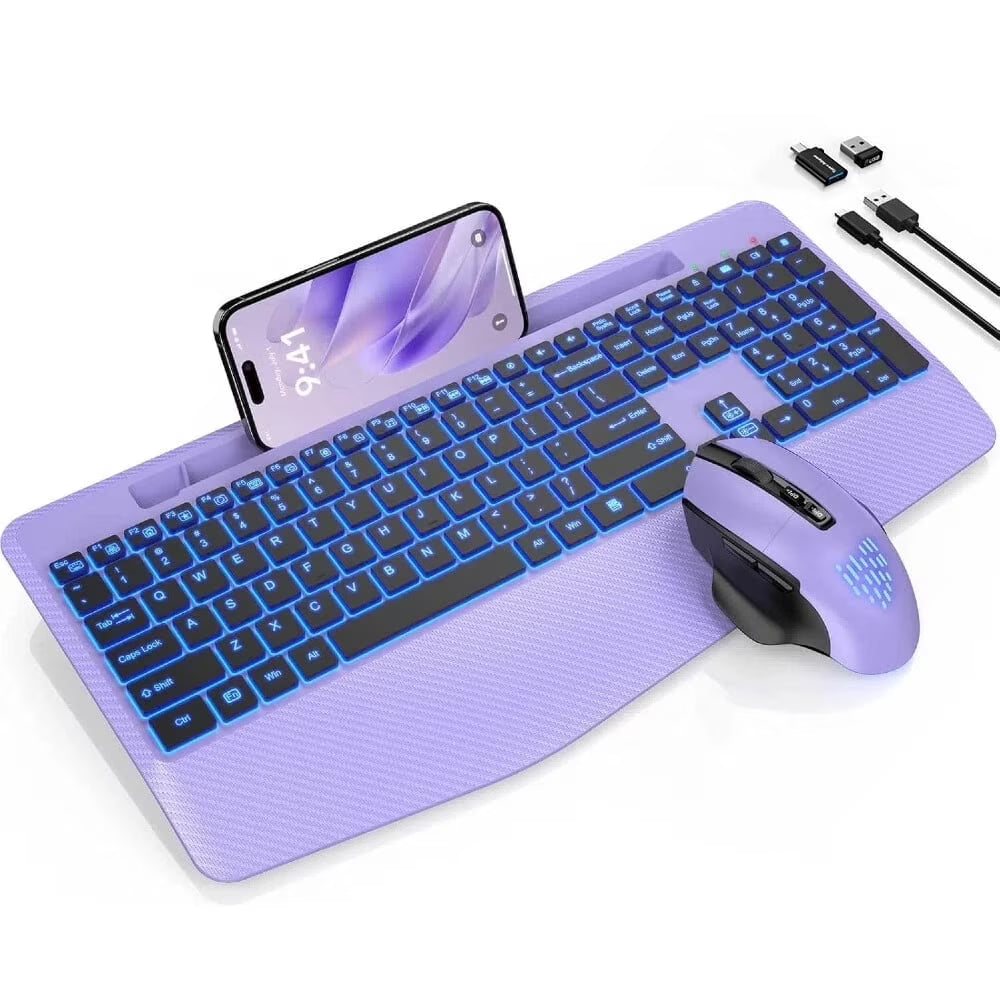 Ensemble clavier et souris sans fil ergonomique rechargeable rétroéclairé RGB silencieux avec repose-poignets avec support pour téléphone – violet