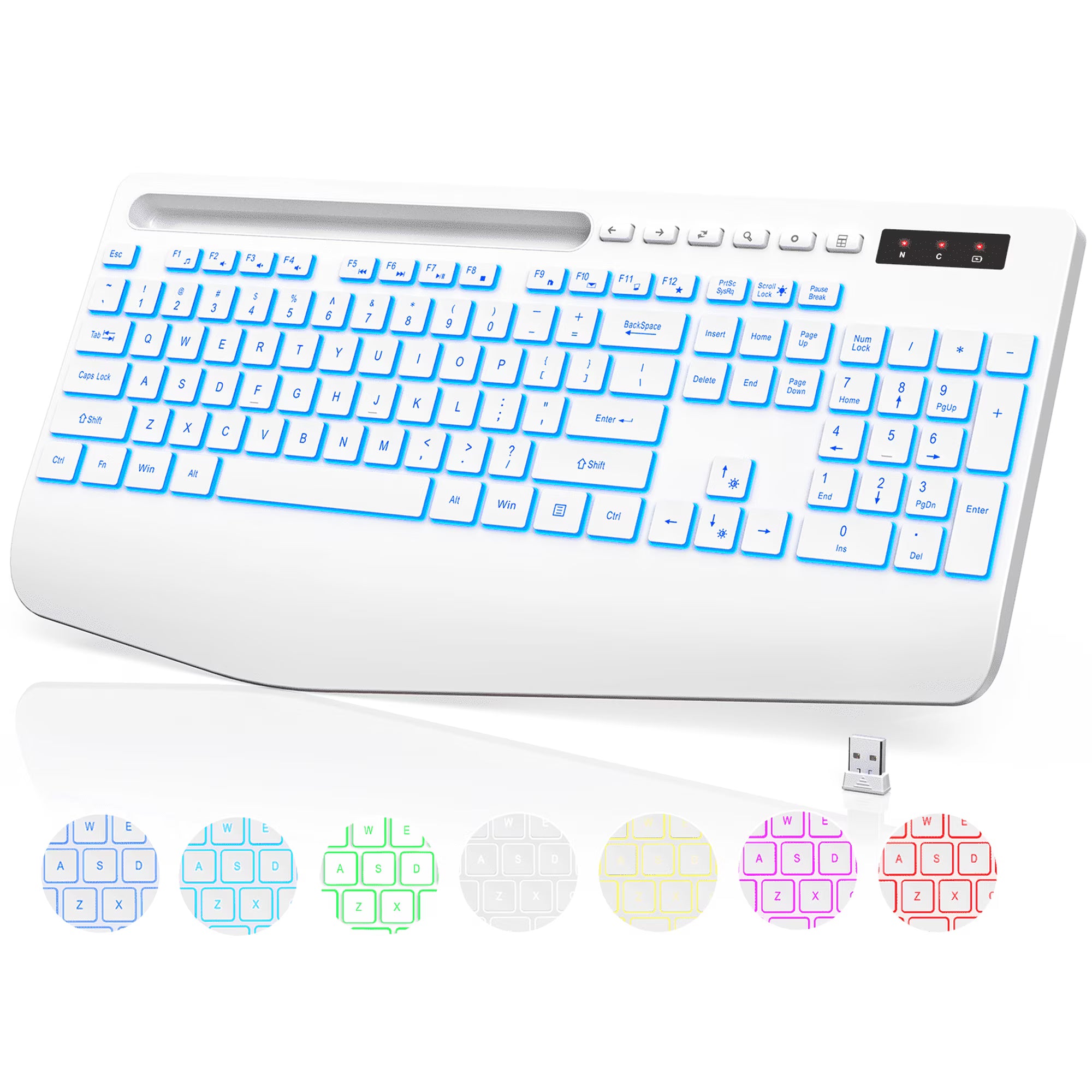 Clavier sans fil ergonomique rechargeable rétroéclairé silencieux avec repose-poignets, 2,4 GHz, 112 touches – blanc
