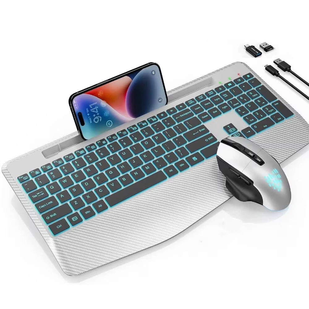 Ensemble clavier et souris sans fil ergonomique rechargeable rétroéclairé RGB silencieux avec repose-poignets avec support pour téléphone – noir