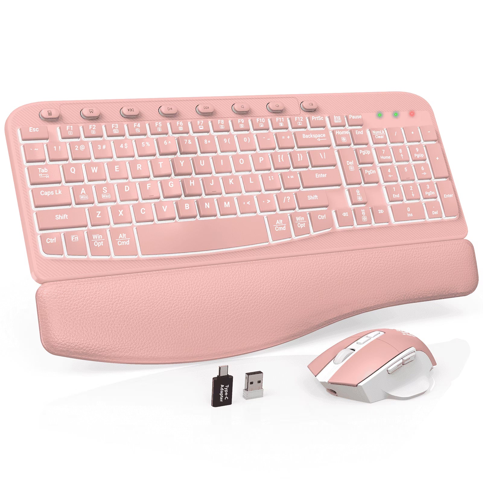 Ensemble clavier et souris sans fil ergonomique rechargeable rétroéclairé RGB avec repose-poignets, 2,4 GHz – rose