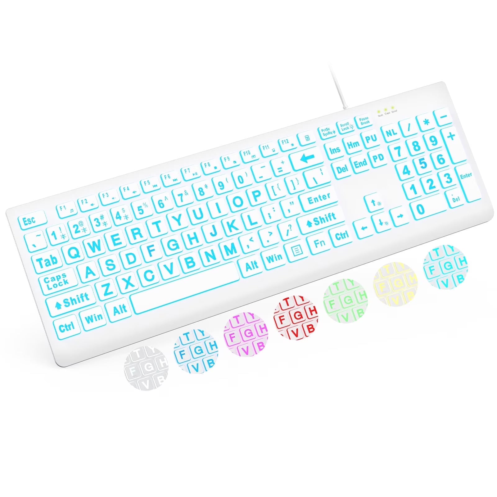 Clavier filaire ergonomique rétroéclairé à grands caractères – blanc