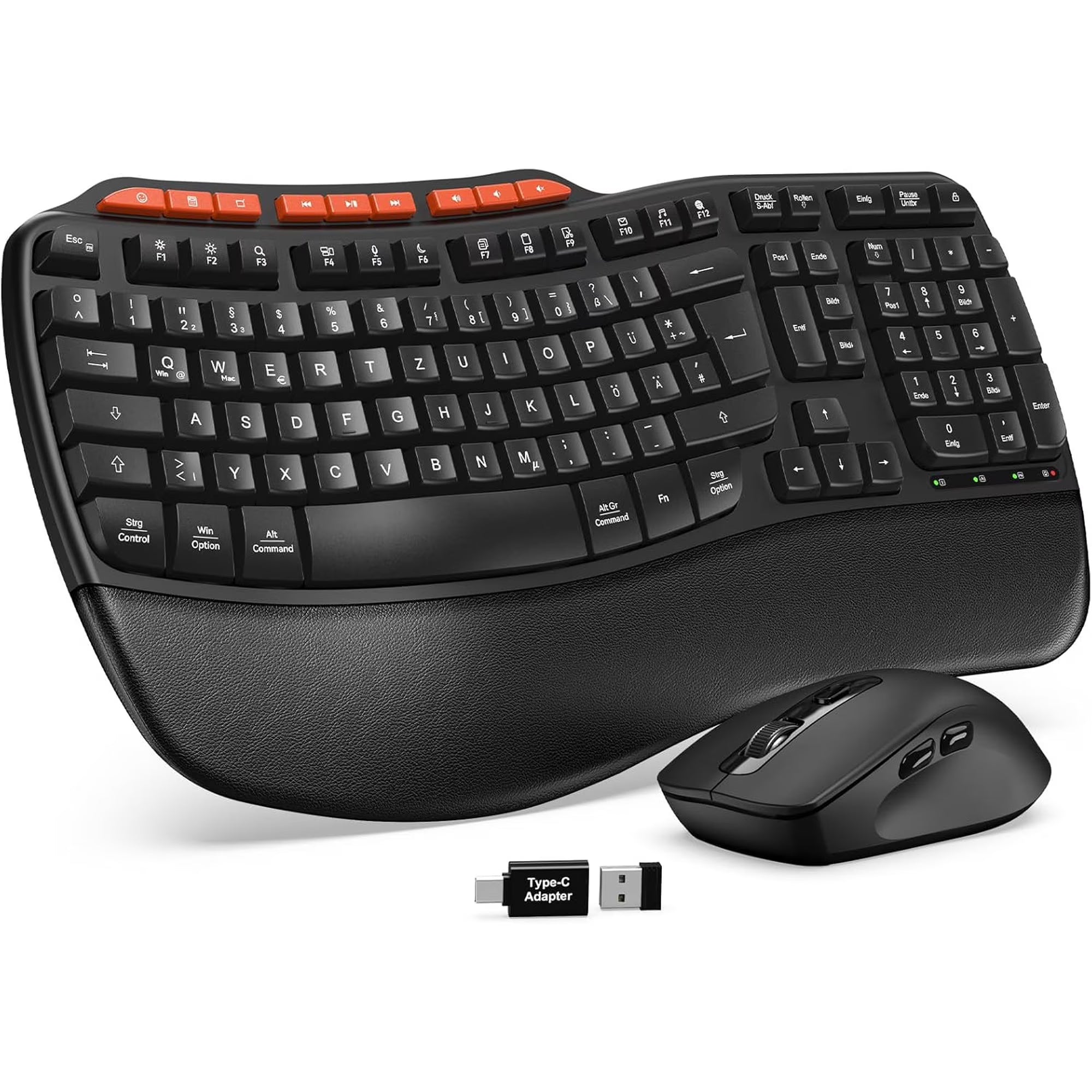Ensemble clavier et souris sans fil ergonomique avec repose-poignets, 2,4 GHz, 3 niveaux de DPI