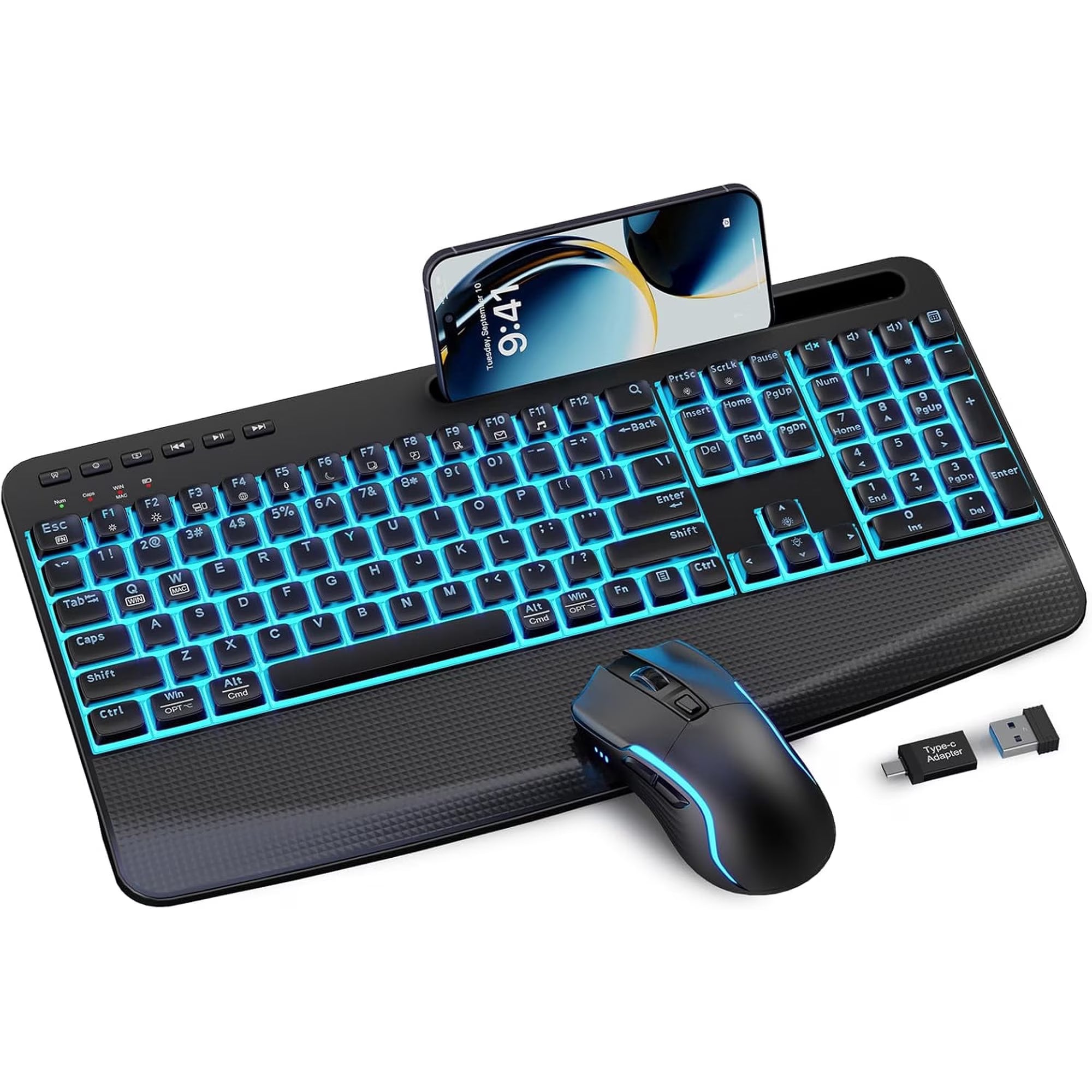 Ensemble clavier et souris sans fil ergonomique rechargeable rétroéclairé RGB silencieux avec repose-poignets avec support pour téléphone, 4000mah – noir