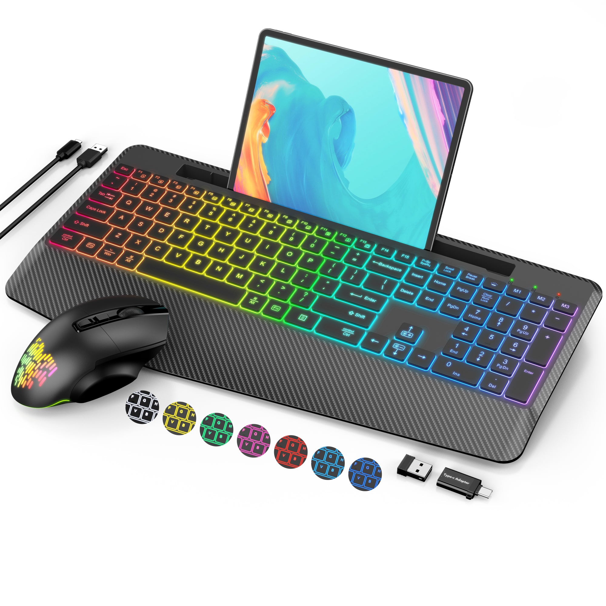 Ensemble clavier et souris sans fil ergonomique rechargeable rétroéclairé RGB silencieux avec repose-poignets, 2,4 GHz