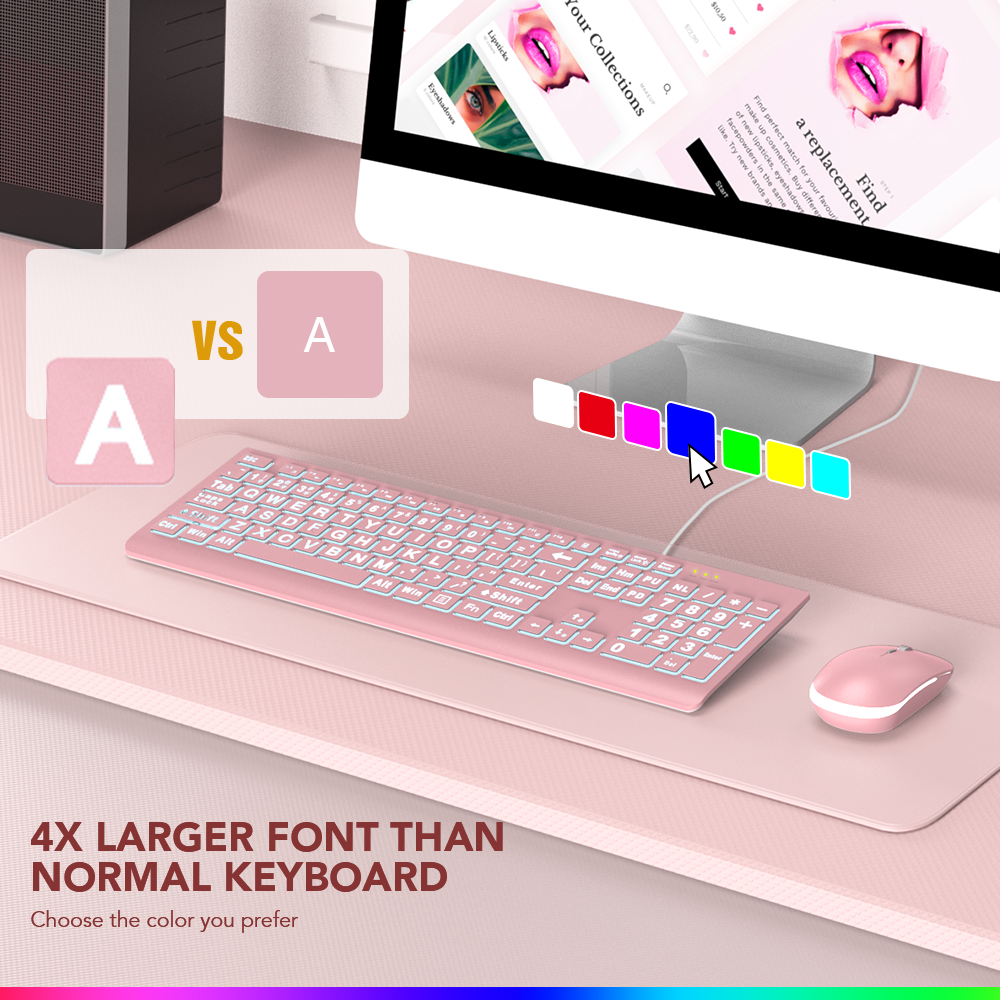 Clavier filaire ergonomique rétroéclairé à grands caractères – rose