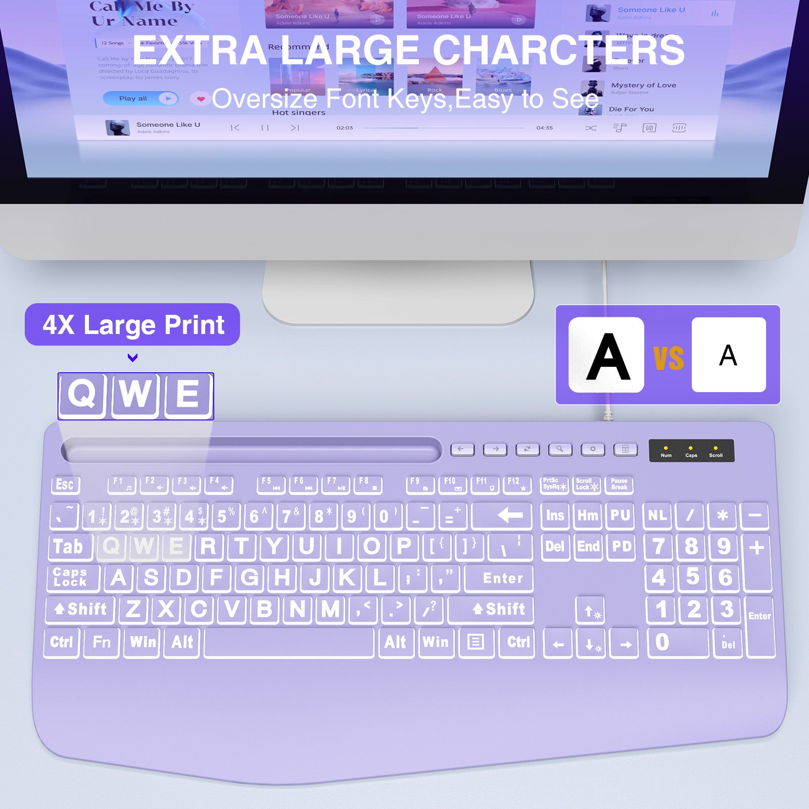 Clavier filaire ergonomique à grands caractères avec repose-poignets – violet