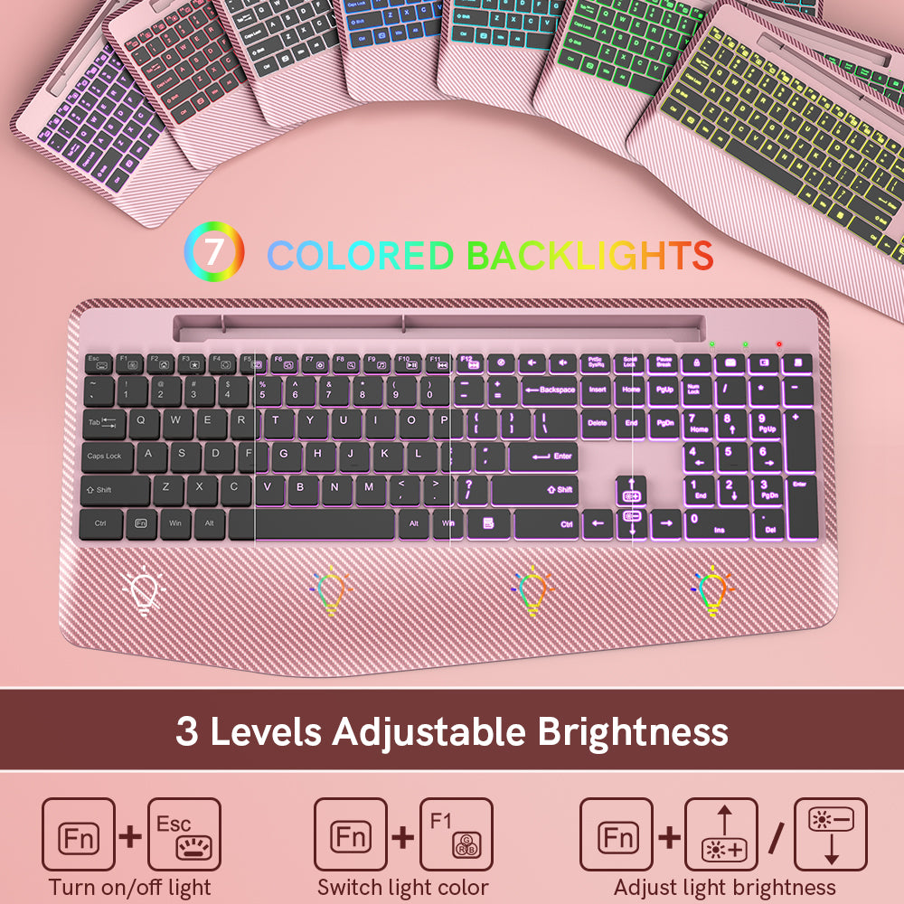 Clavier sans fil ergonomique rechargeable rétroéclairé silencieux avec repose-poignets, 2,4 GHz – or rose