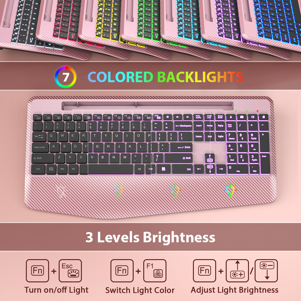 Ensemble clavier et souris sans fil ergonomique rechargeable rétroéclairé RGB silencieux avec repose-poignets, 2,4 GHz