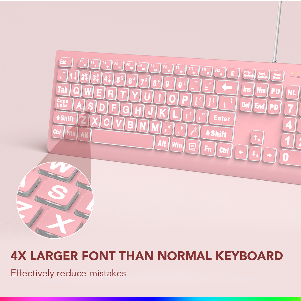 Clavier filaire ergonomique rétroéclairé à grands caractères – rose