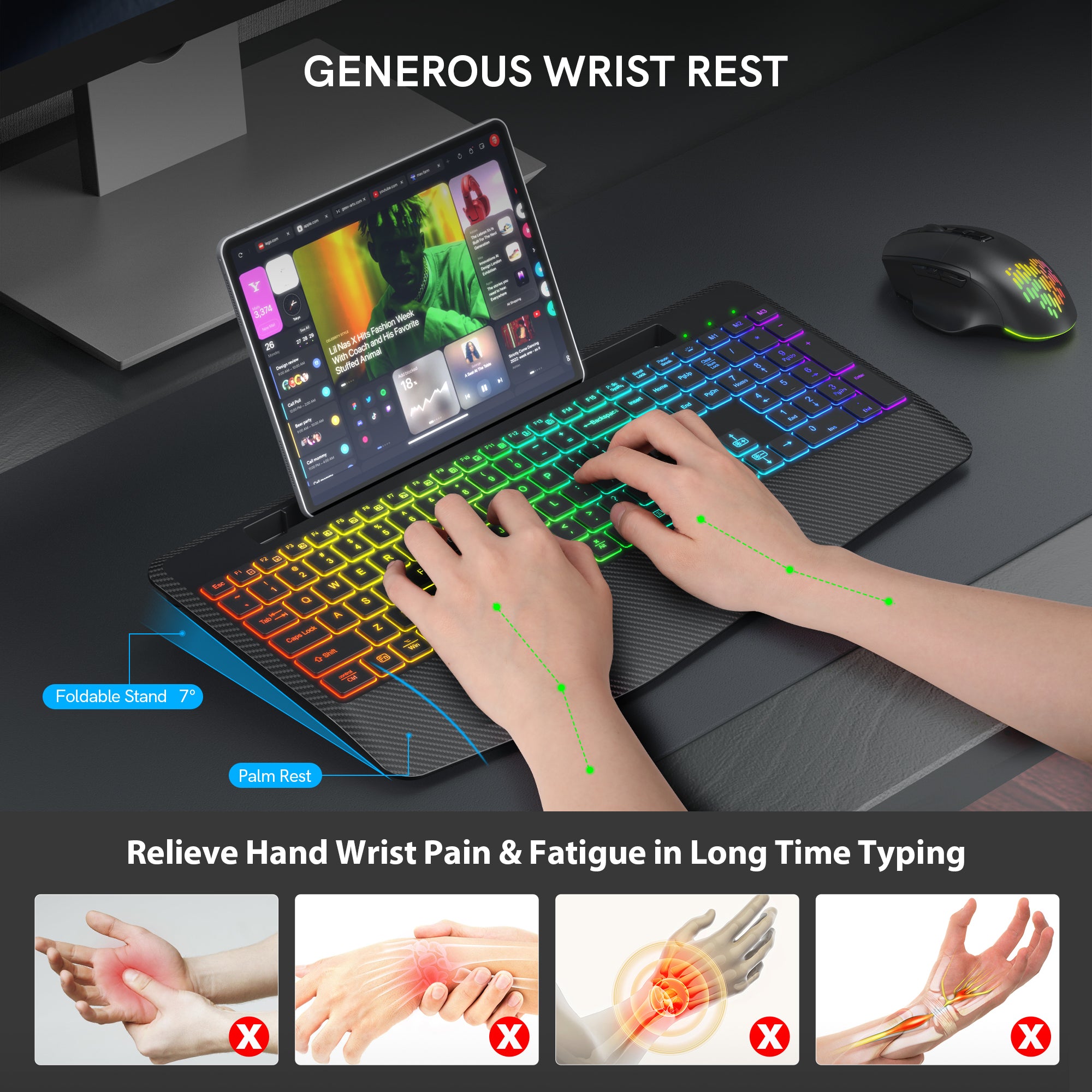 Ensemble clavier et souris sans fil ergonomique rechargeable rétroéclairé RGB silencieux avec repose-poignets, 2,4 GHz