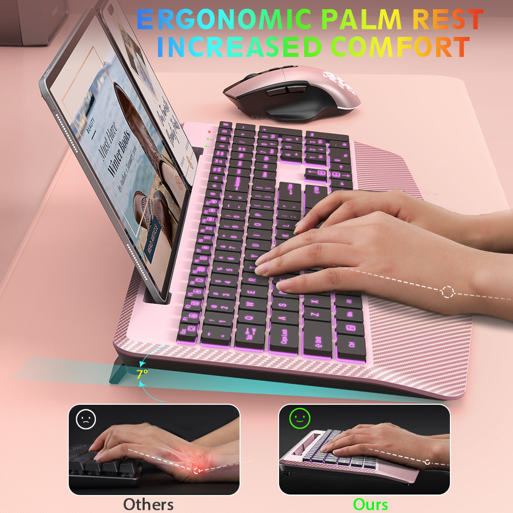 Ensemble clavier et souris sans fil ergonomique rechargeable rétroéclairé RGB silencieux avec repose-poignets, 2,4 GHz