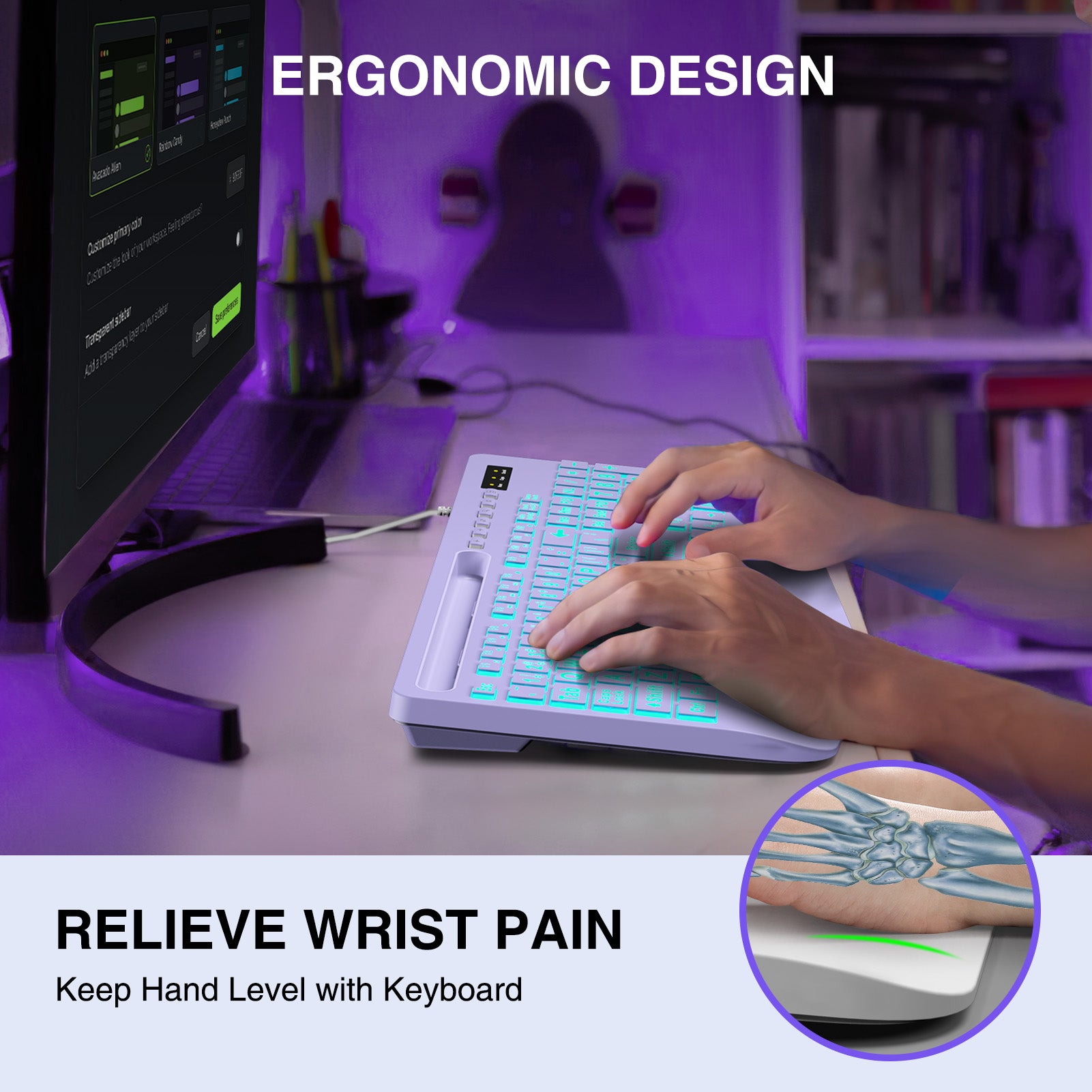 Clavier filaire ergonomique à grands caractères avec repose-poignets – violet