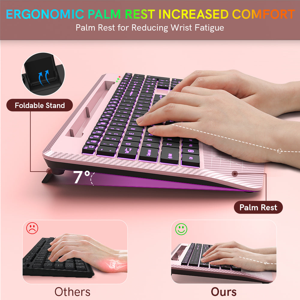 Clavier sans fil ergonomique rechargeable rétroéclairé silencieux avec repose-poignets, 2,4 GHz – or rose