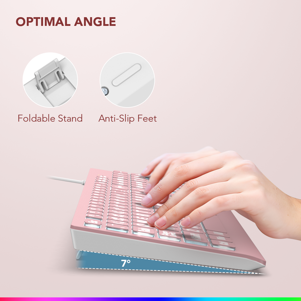 Clavier filaire ergonomique rétroéclairé à grands caractères – rose