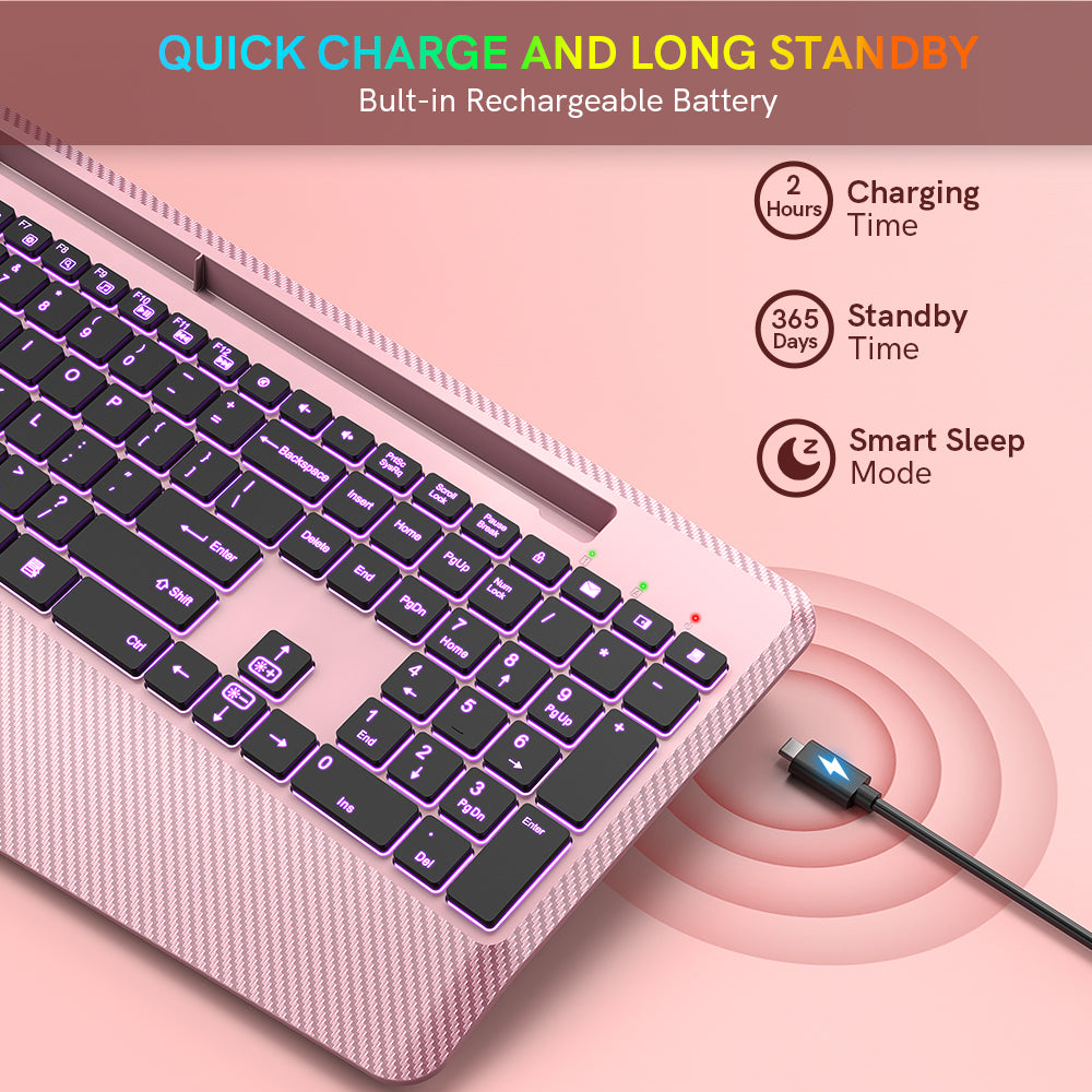 Clavier sans fil ergonomique rechargeable rétroéclairé silencieux avec repose-poignets, 2,4 GHz – or rose