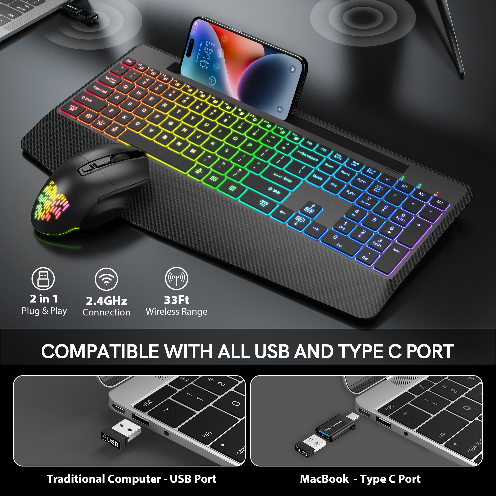 Ensemble clavier et souris sans fil ergonomique rechargeable rétroéclairé RGB silencieux avec repose-poignets, 2,4 GHz
