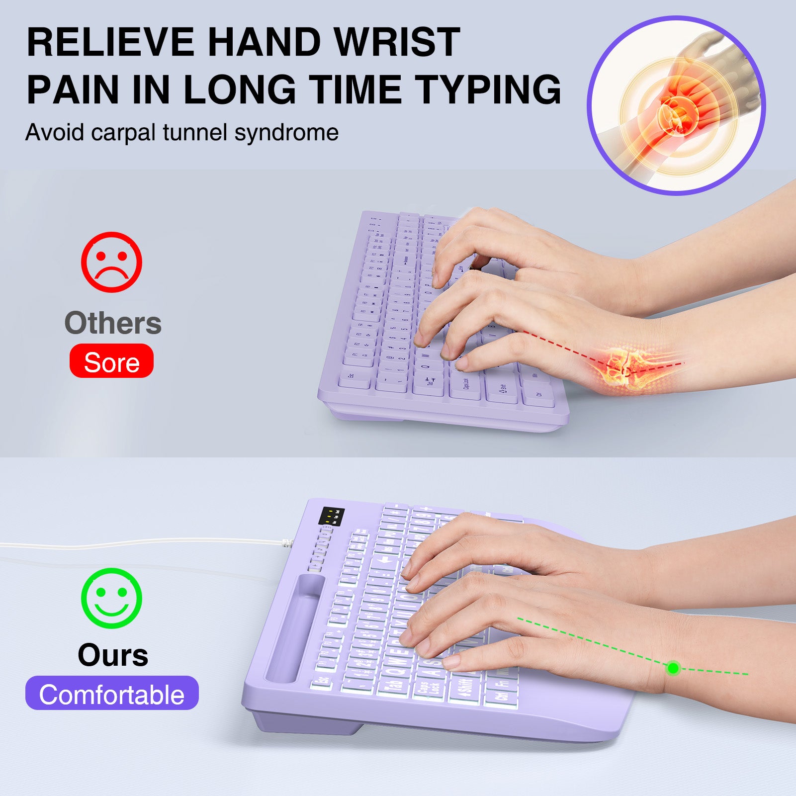 Clavier filaire ergonomique à grands caractères avec repose-poignets – violet