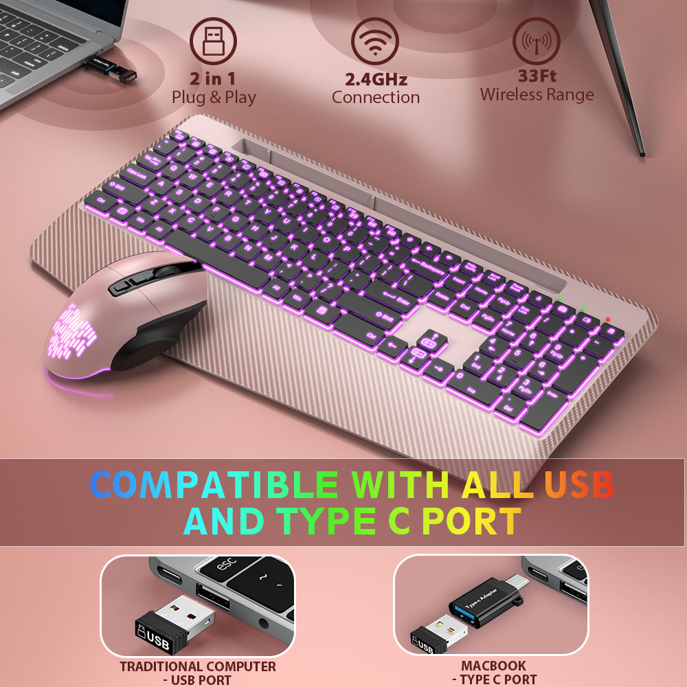 Ensemble clavier et souris sans fil ergonomique rechargeable rétroéclairé RGB silencieux avec repose-poignets, 2,4 GHz