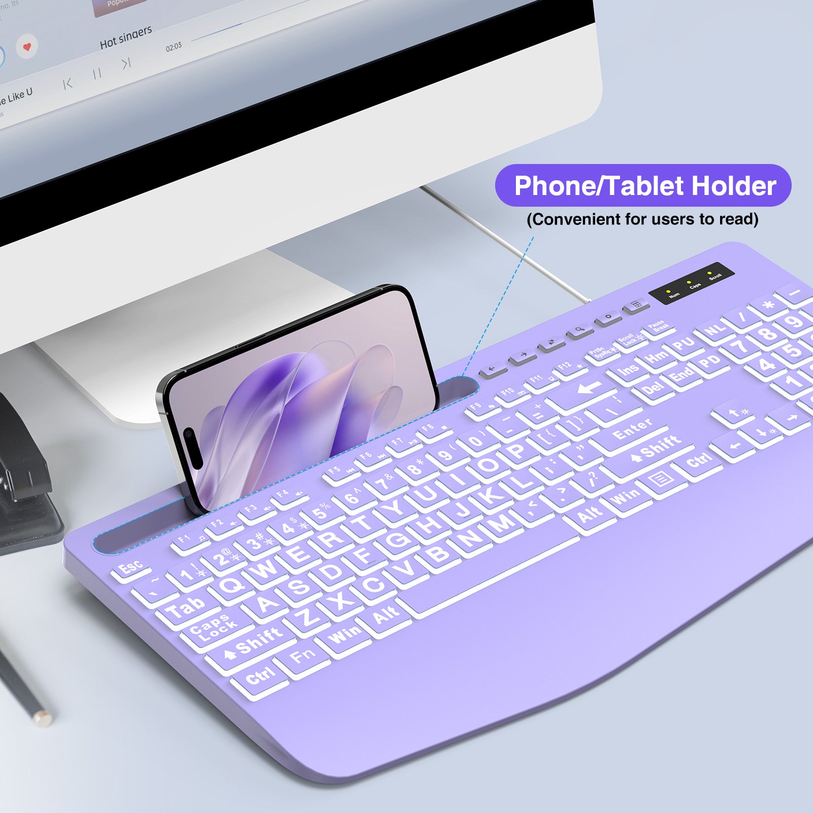 Clavier filaire ergonomique à grands caractères avec repose-poignets – violet