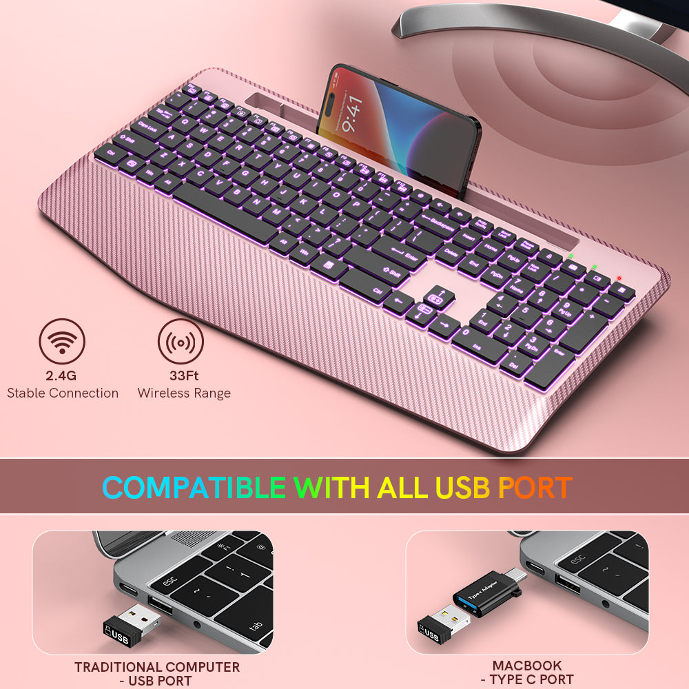 Clavier sans fil ergonomique rechargeable rétroéclairé silencieux avec repose-poignets, 2,4 GHz – or rose