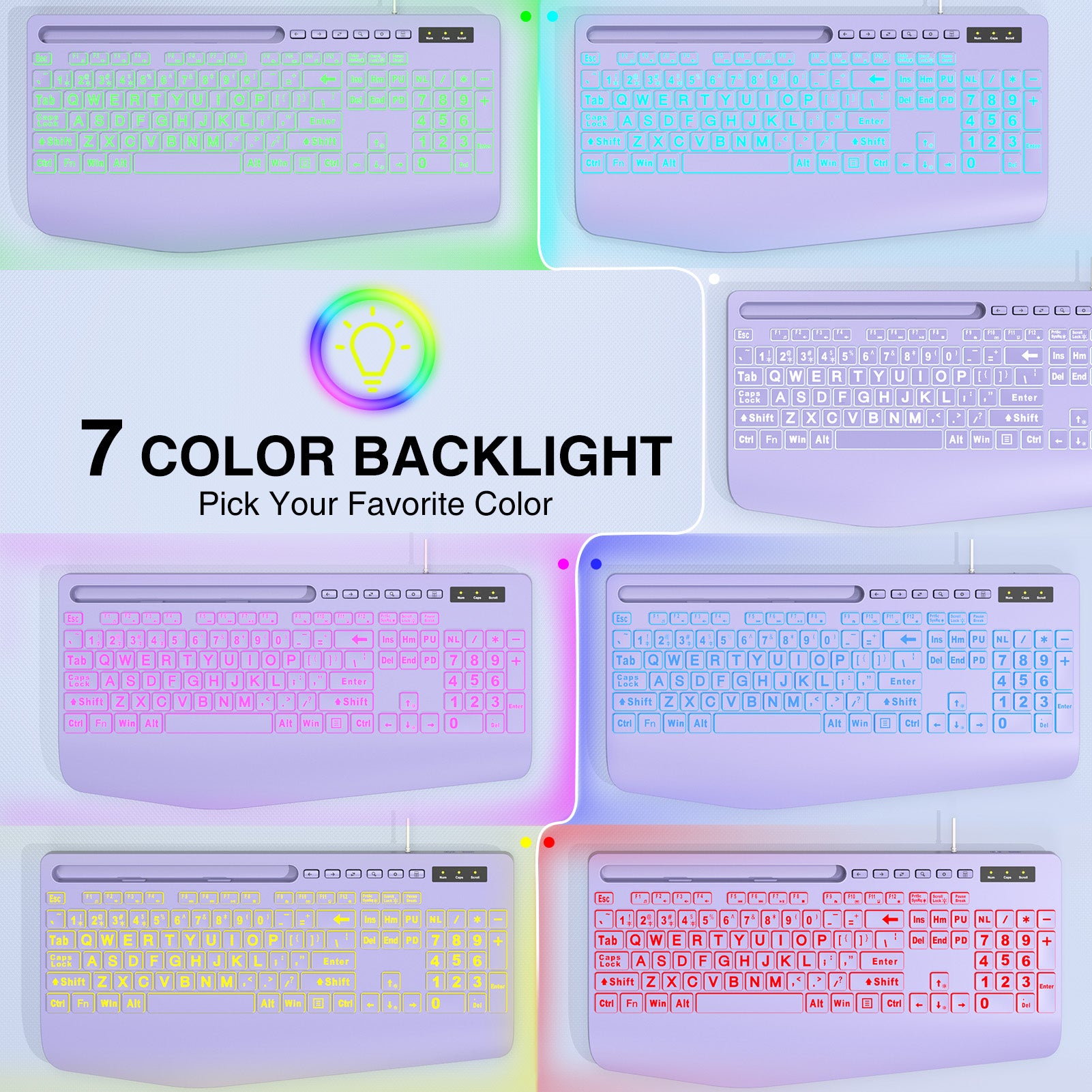 Clavier filaire ergonomique à grands caractères avec repose-poignets – violet