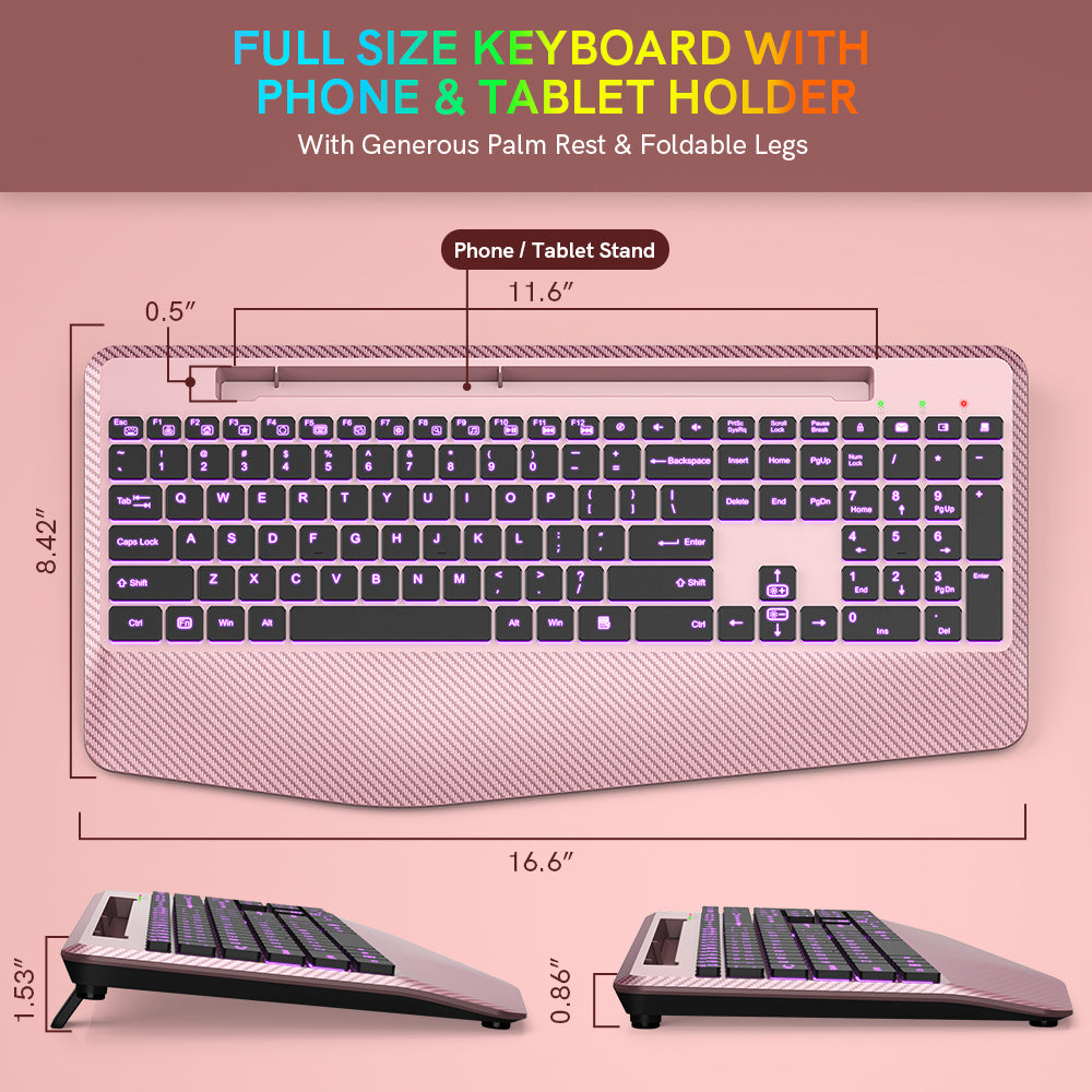Clavier sans fil ergonomique rechargeable rétroéclairé silencieux avec repose-poignets, 2,4 GHz – or rose