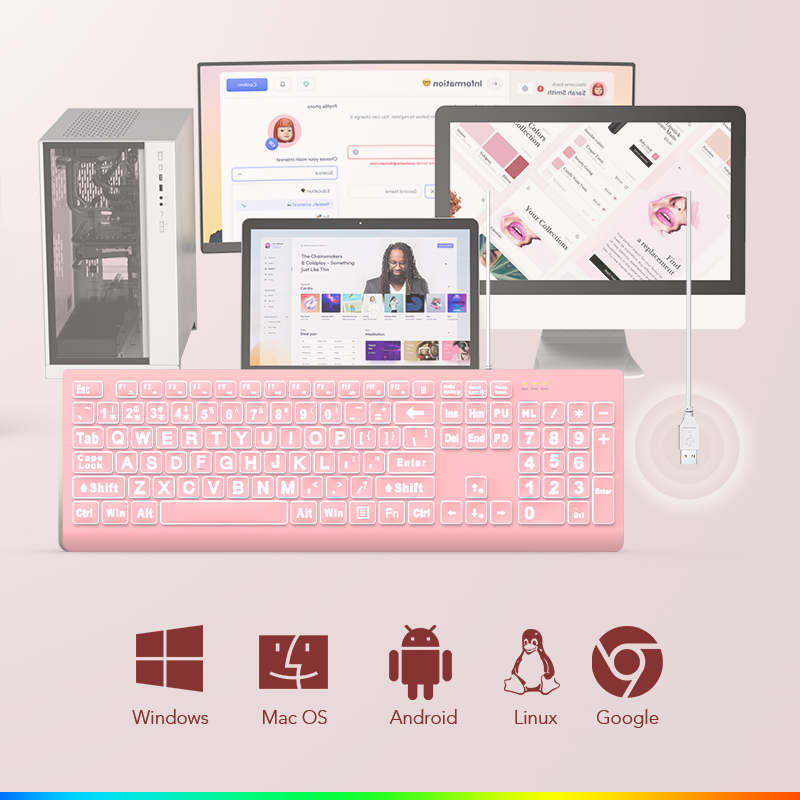 Clavier filaire ergonomique rétroéclairé à grands caractères – rose