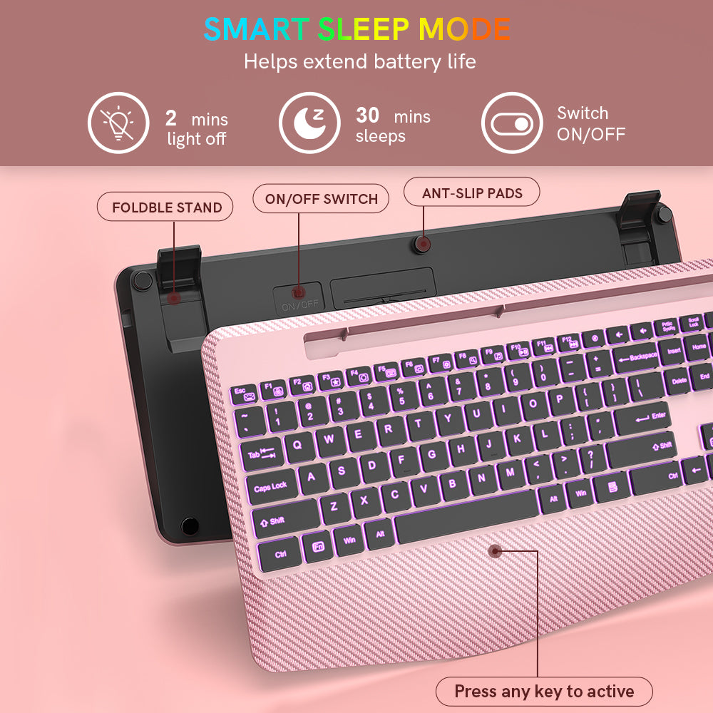 Clavier sans fil ergonomique rechargeable rétroéclairé silencieux avec repose-poignets, 2,4 GHz – or rose