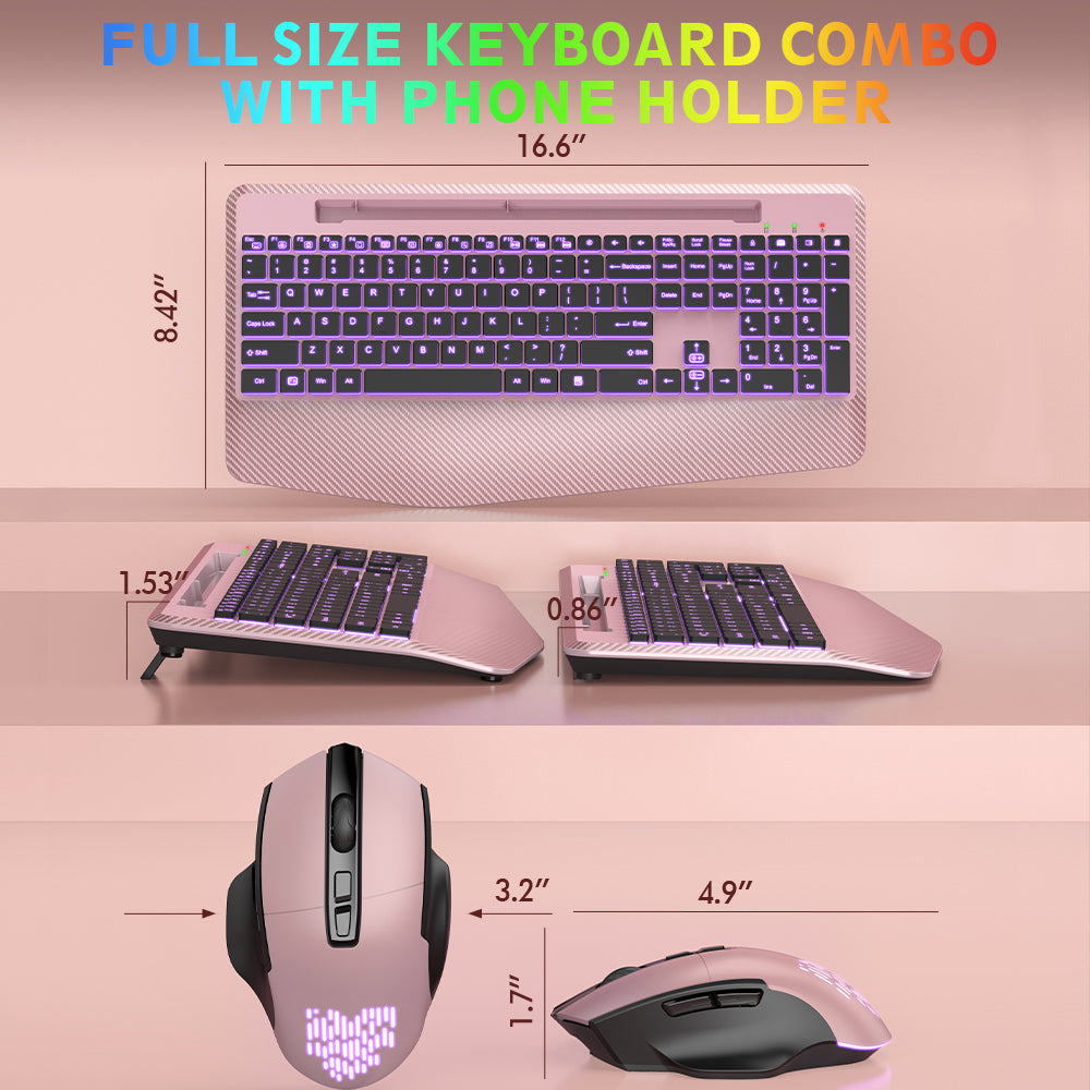 Ensemble clavier et souris sans fil ergonomique rechargeable rétroéclairé RGB silencieux avec repose-poignets, 2,4 GHz